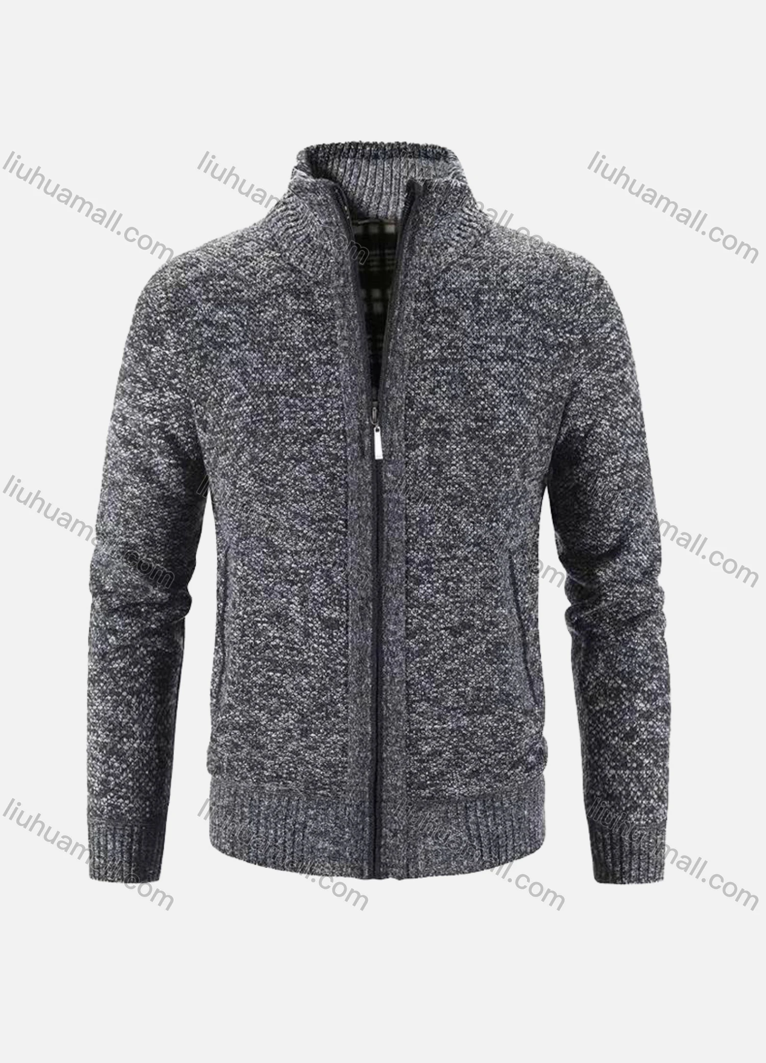 Wholesale Men's Casual Stand Collar Long Sleeve Full Zip Plain Chunky Knit Jackets - Liuhuamall