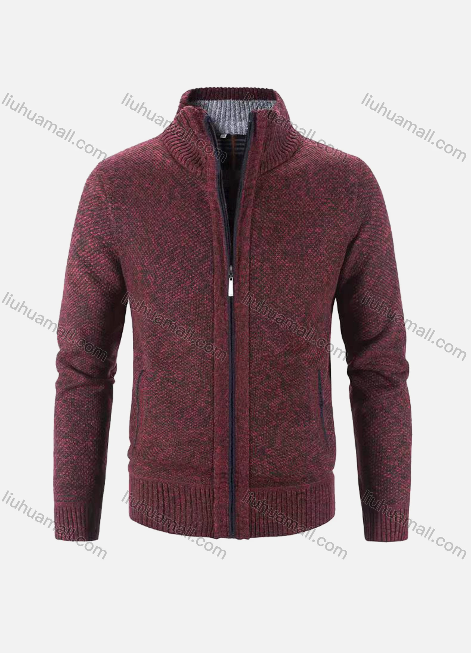 Wholesale Men's Casual Stand Collar Long Sleeve Full Zip Plain Chunky Knit Jackets - Liuhuamall
