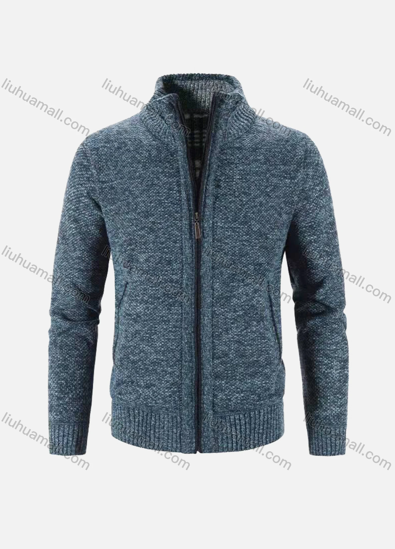 Wholesale Men's Casual Stand Collar Long Sleeve Full Zip Plain Chunky Knit Jackets - Liuhuamall