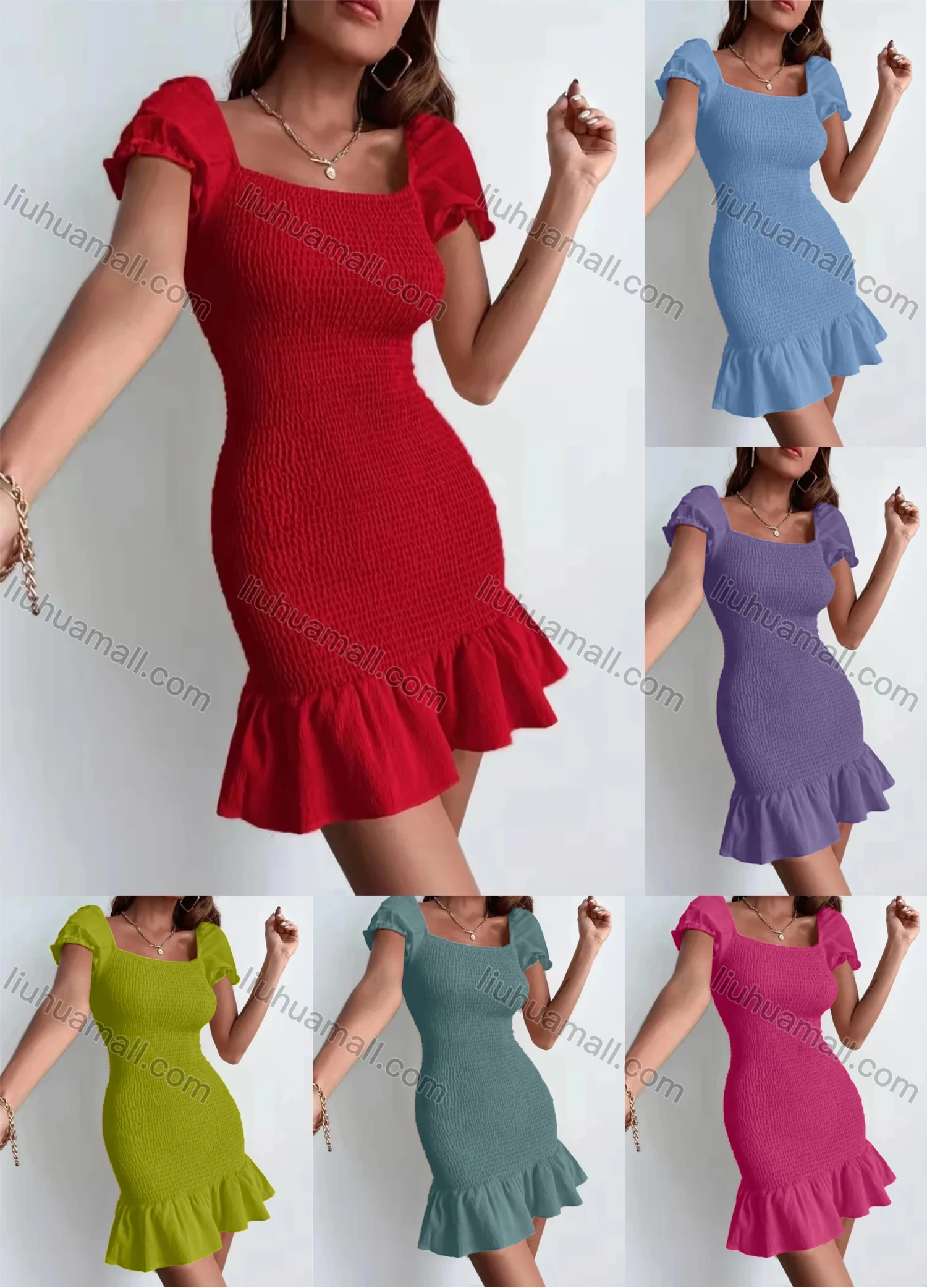 Wholesale Women's Square-neck Short Sleeve Shirred Ruffle Hem Plain Slim Fit Mini Dress AY036# - Liuhuamall