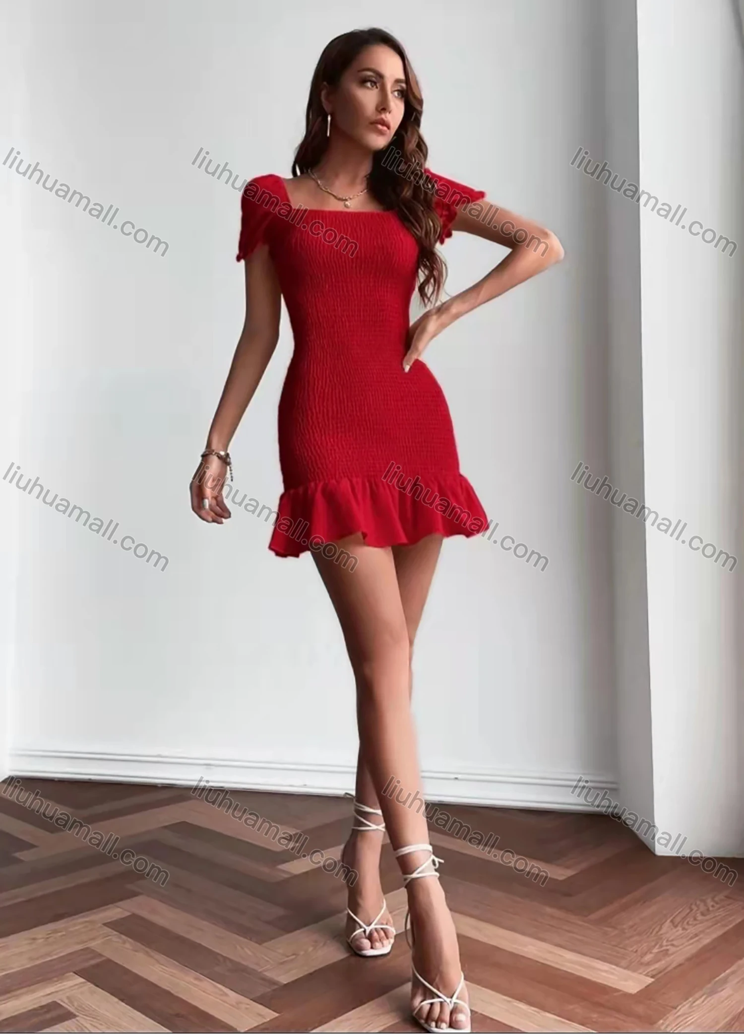 Wholesale Women's Square-neck Short Sleeve Shirred Ruffle Hem Plain Slim Fit Mini Dress AY036# - Liuhuamall