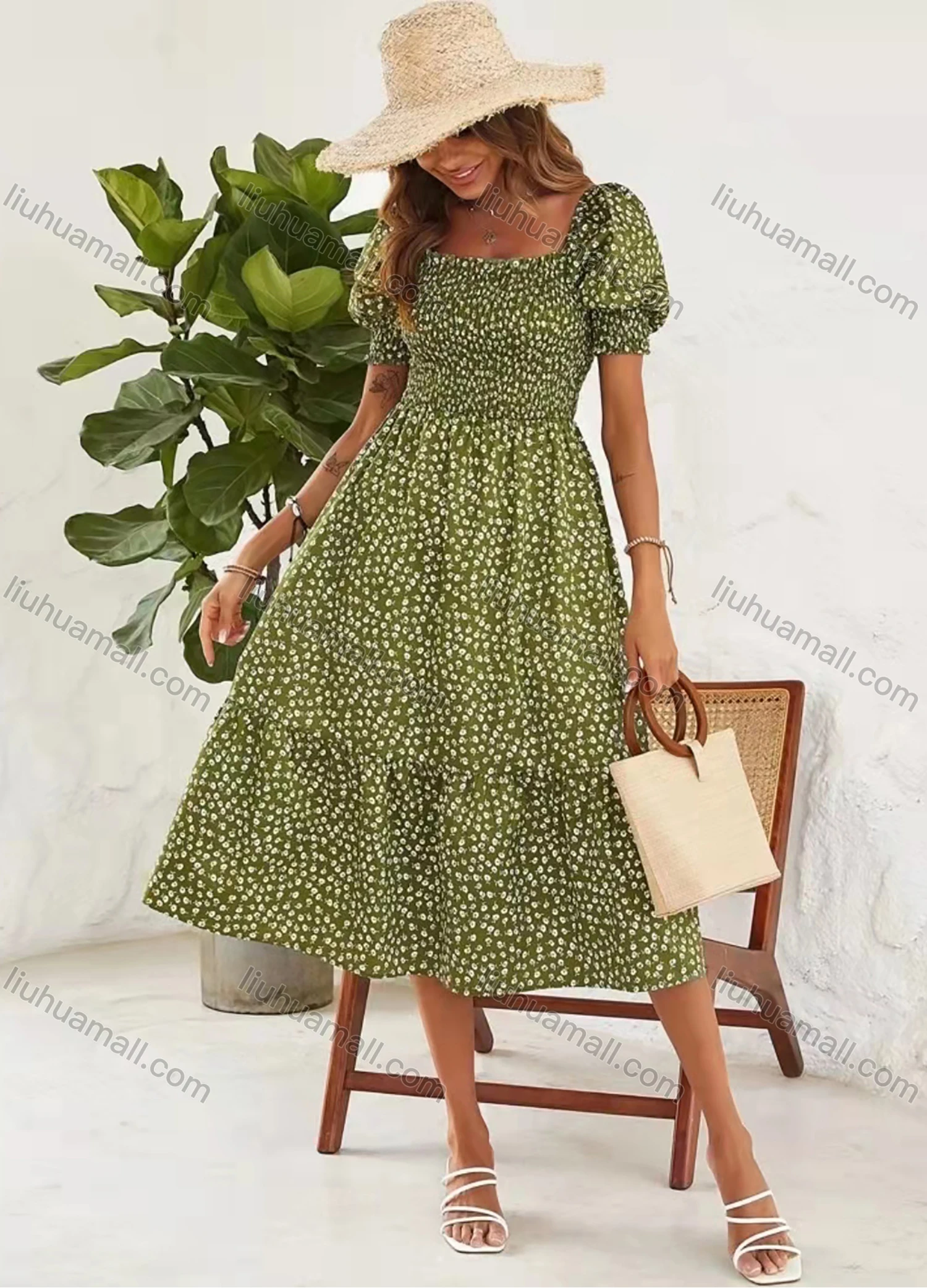 Wholesale Women's Square-neck Shirred Short Sleeve Allover Floral Print A-line Midi Dress AY037# - Liuhuamall