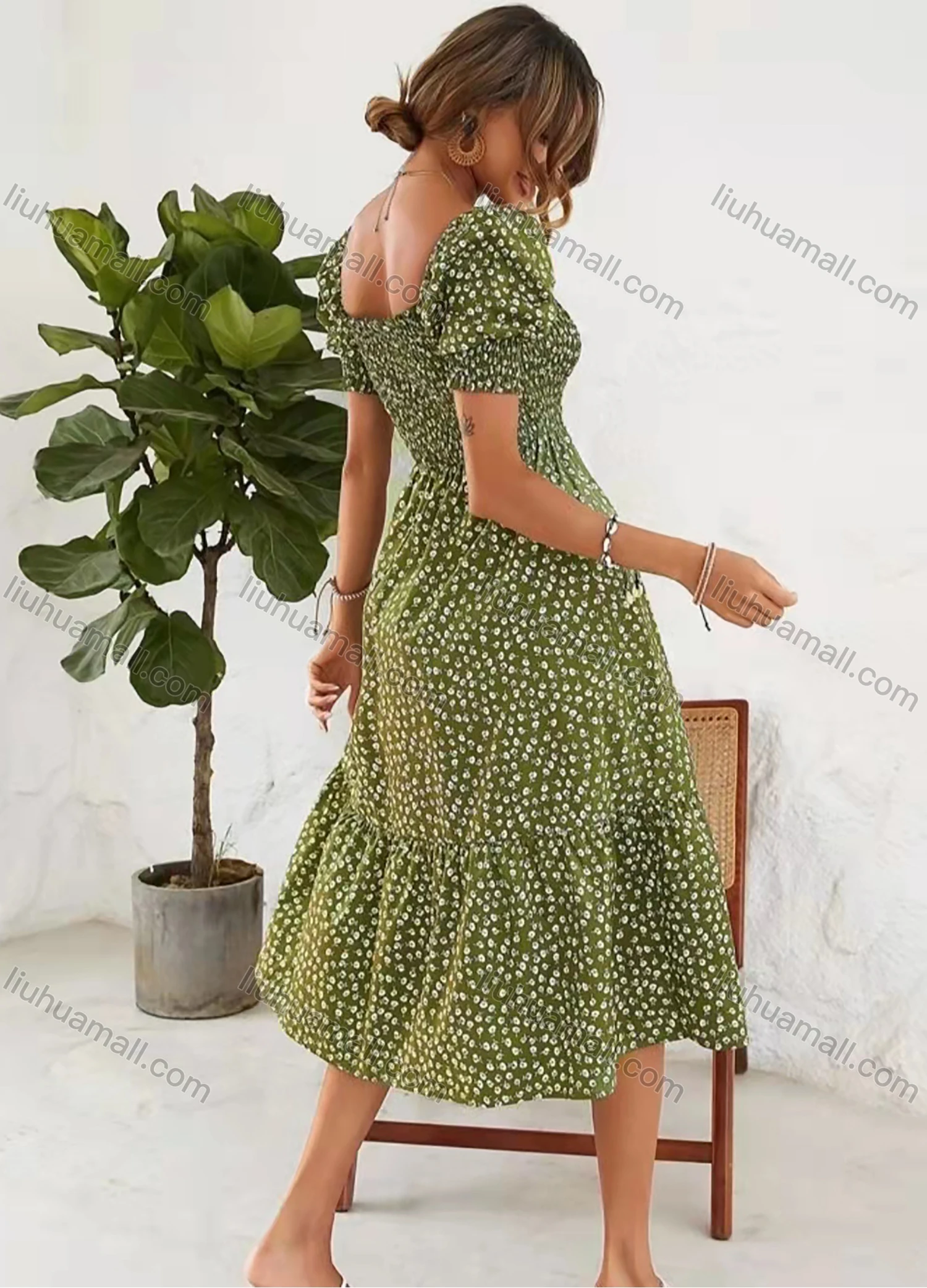 Wholesale Women's Square-neck Shirred Short Sleeve Allover Floral Print A-line Midi Dress AY037# - Liuhuamall