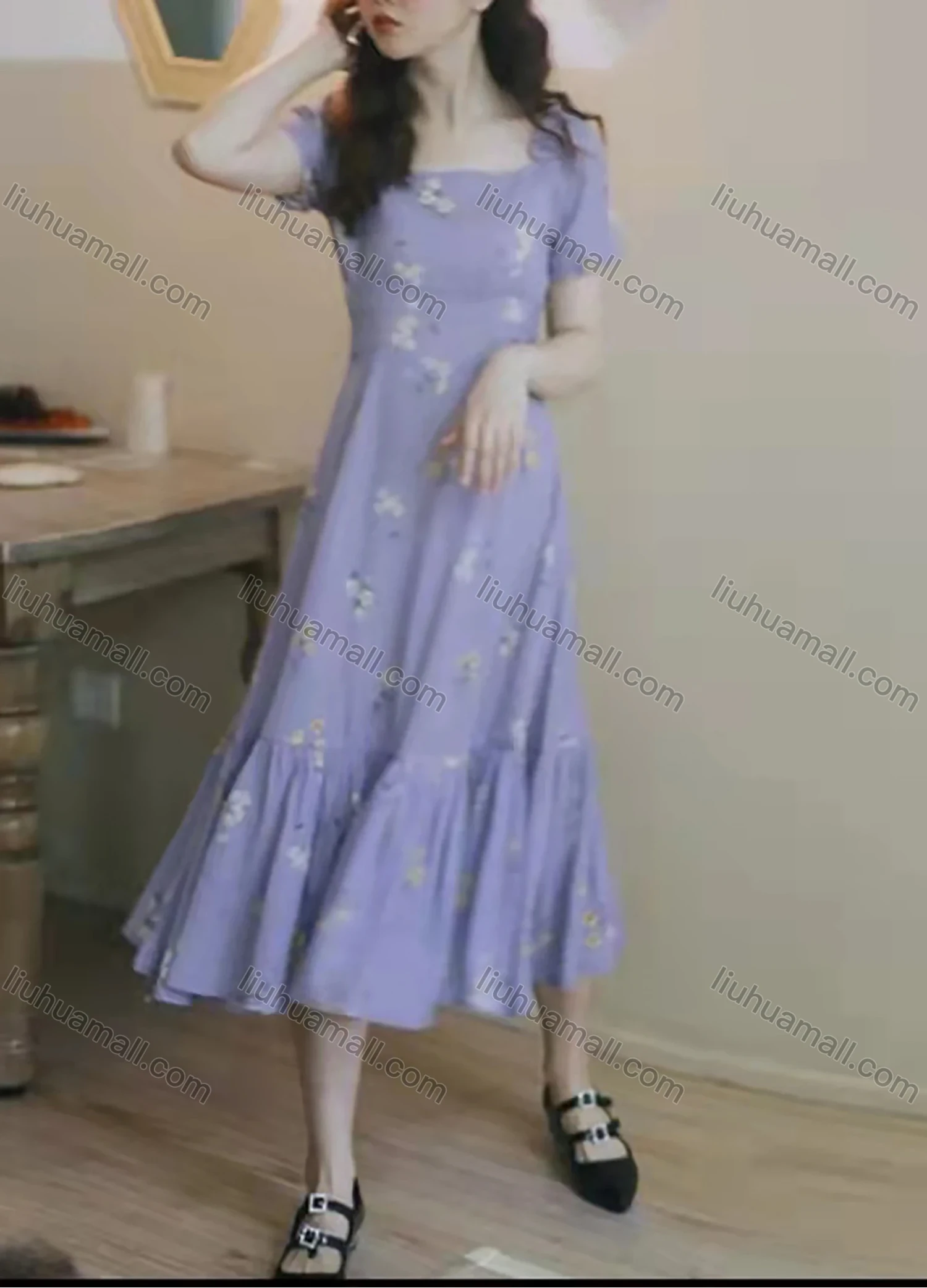 Wholesale Women's Casual Square-neck Floral Print Ruffle Hem Midi Dress AY039# - Liuhuamall