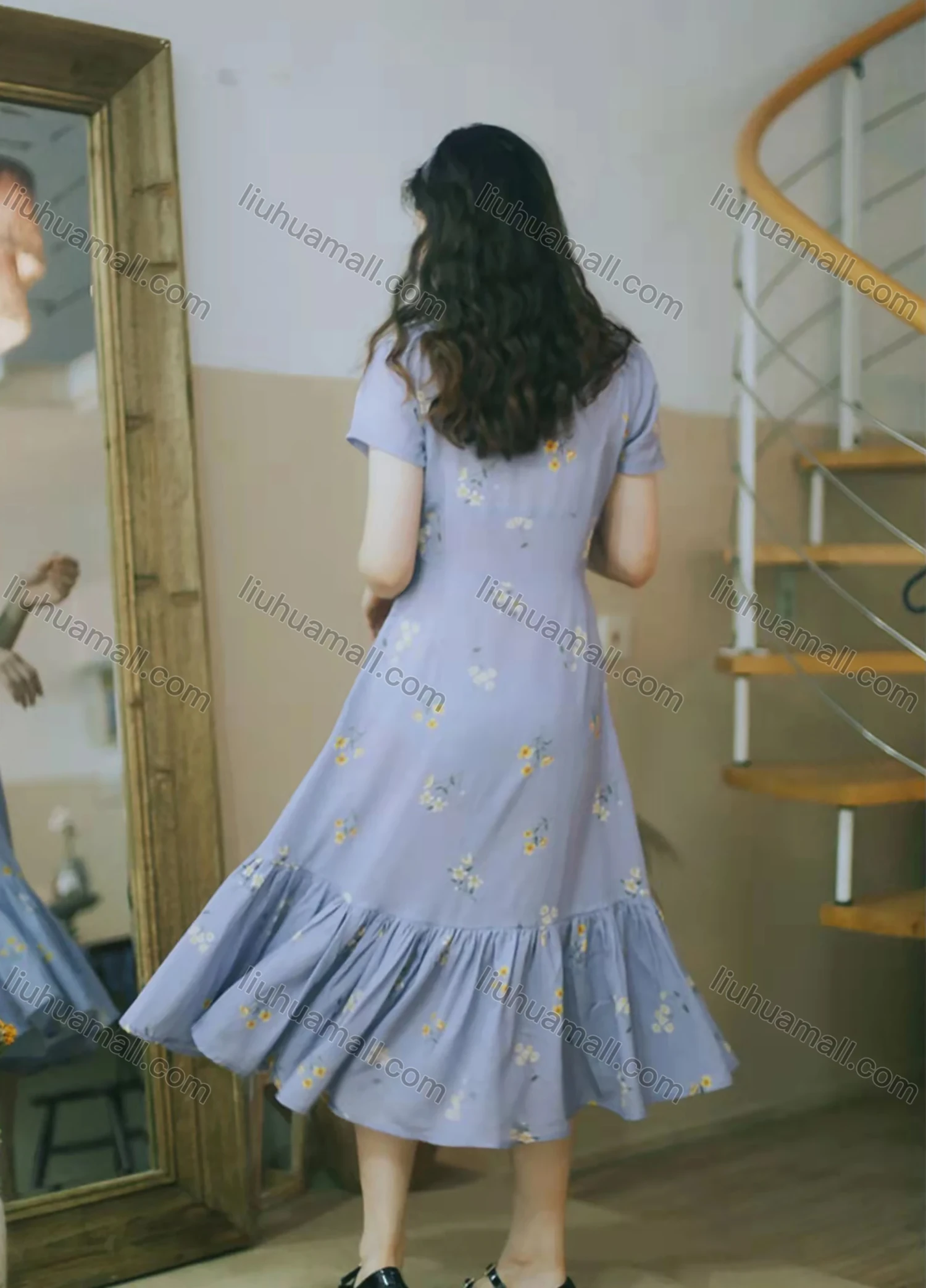 Wholesale Women's Casual Square-neck Floral Print Ruffle Hem Midi Dress AY039# - Liuhuamall