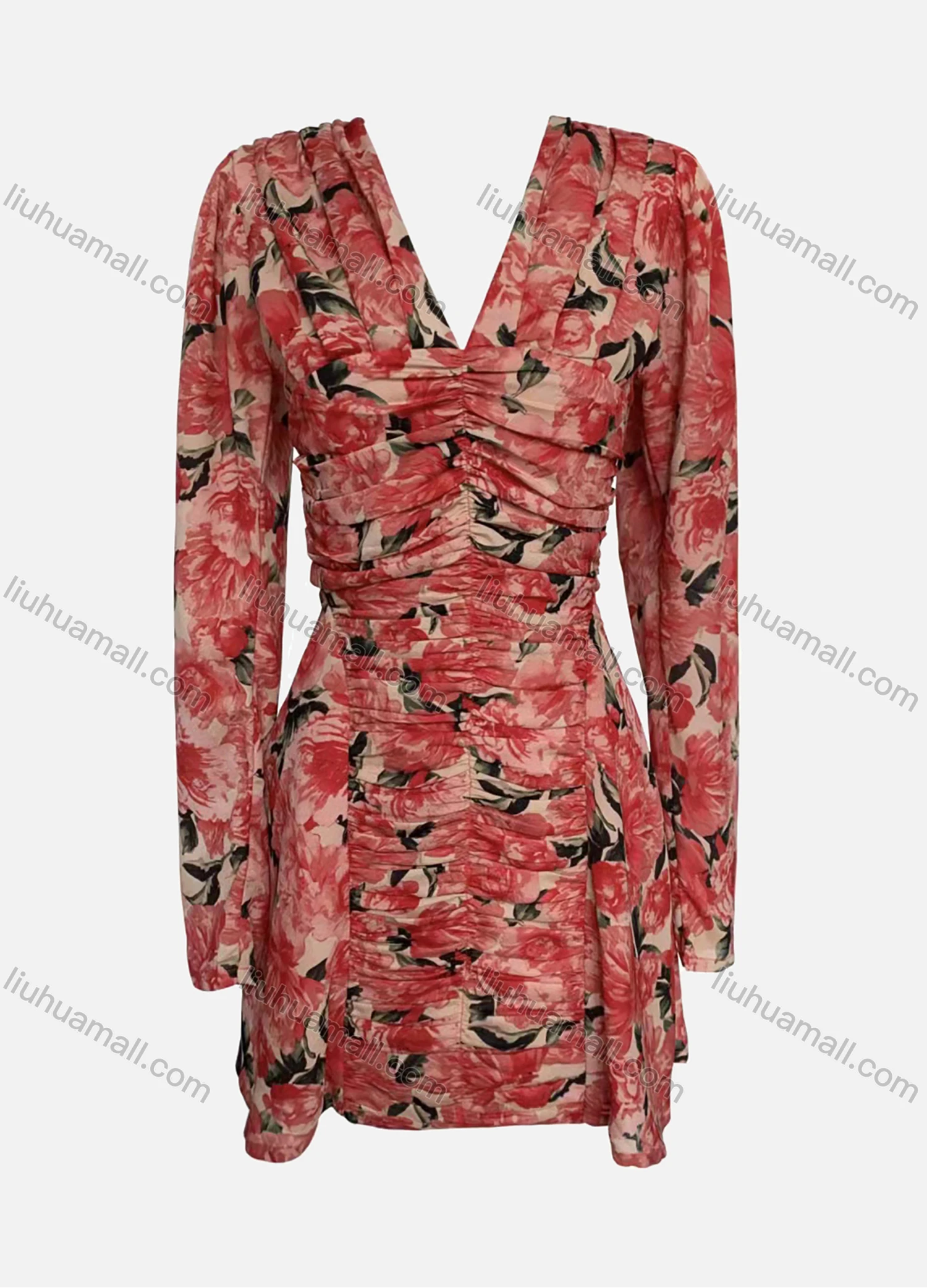 Wholesale Women's V-neck Ruched Long Sleeve Floral Print Mini Dress AY044# - Liuhuamall