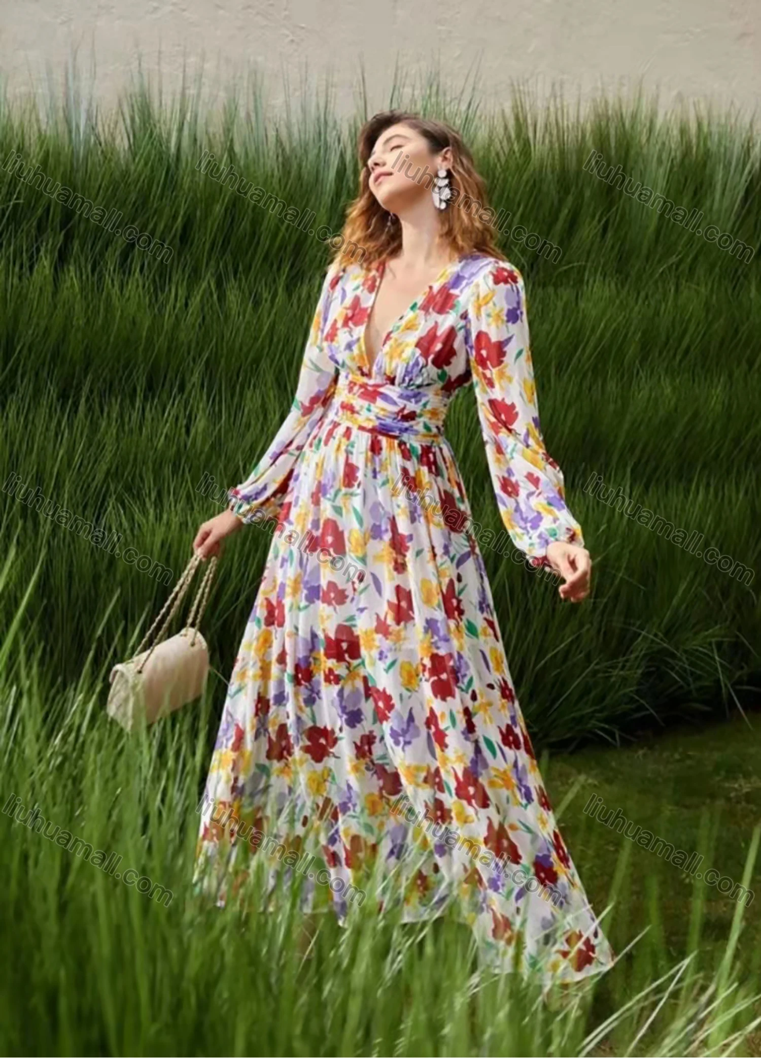 Wholesale Women's Elegant Deep V-neck Long Sleeve Shirred Waist Floral Print Maxi Dress AY047# - Liuhuamall