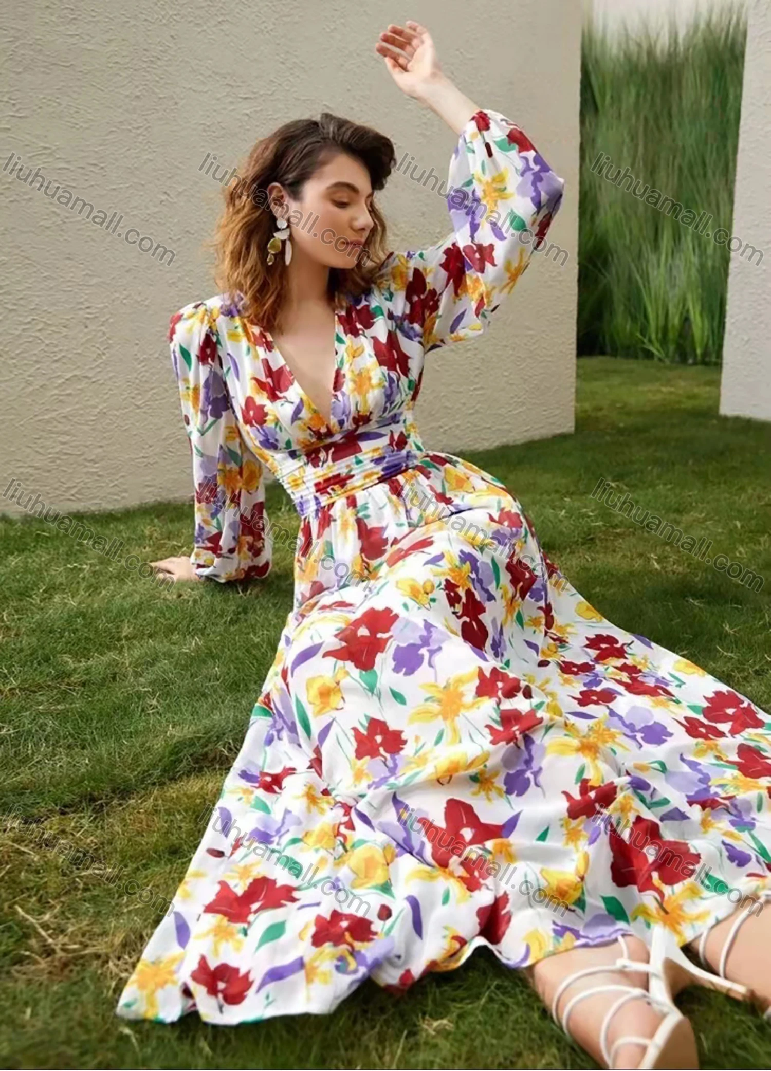 Wholesale Women's Elegant Deep V-neck Long Sleeve Shirred Waist Floral Print Maxi Dress AY047# - Liuhuamall