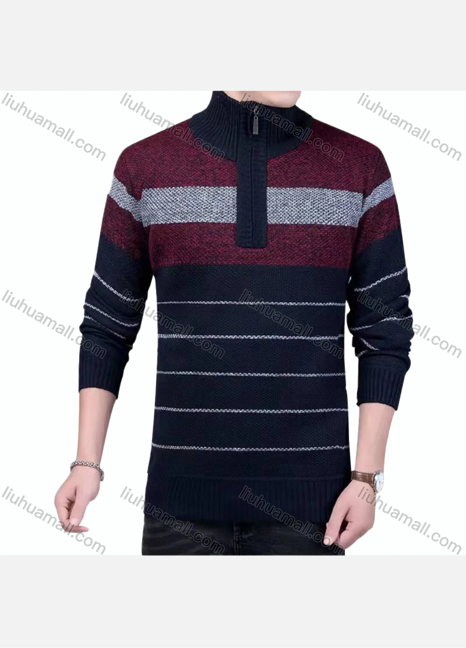 Wholesale Men's Casual Long Sleeve High Neck Quarter Zip Colorblock Striped Knit Tops - Liuhuamall