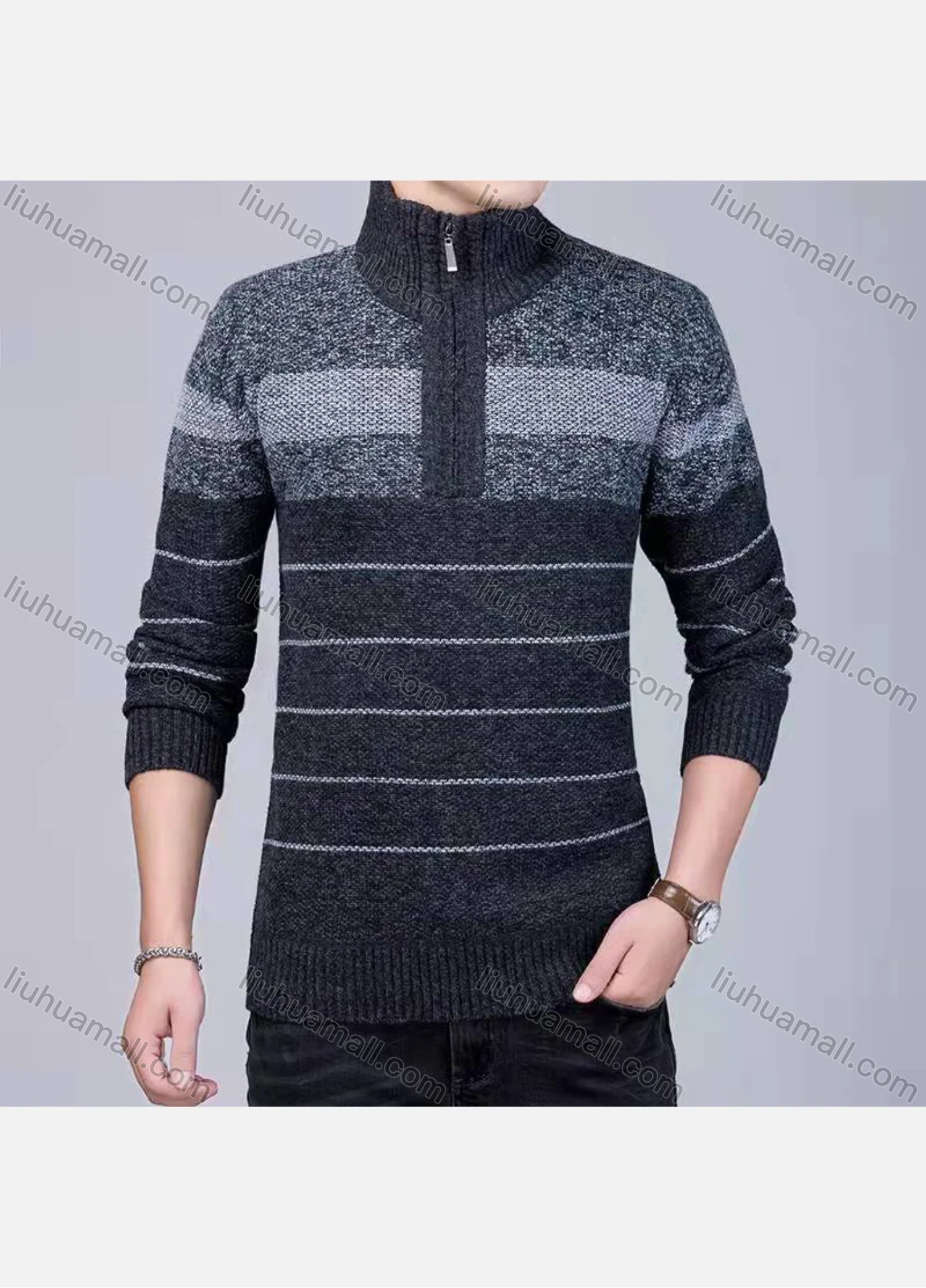 Wholesale Men's Casual Long Sleeve High Neck Quarter Zip Colorblock Striped Knit Tops - Liuhuamall