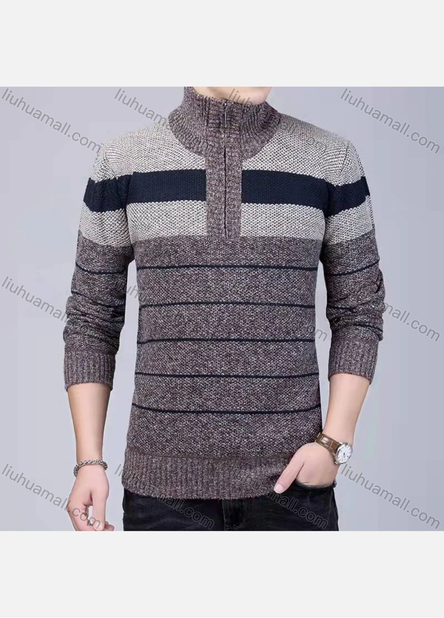 Wholesale Men's Casual Long Sleeve High Neck Quarter Zip Colorblock Striped Knit Tops - Liuhuamall