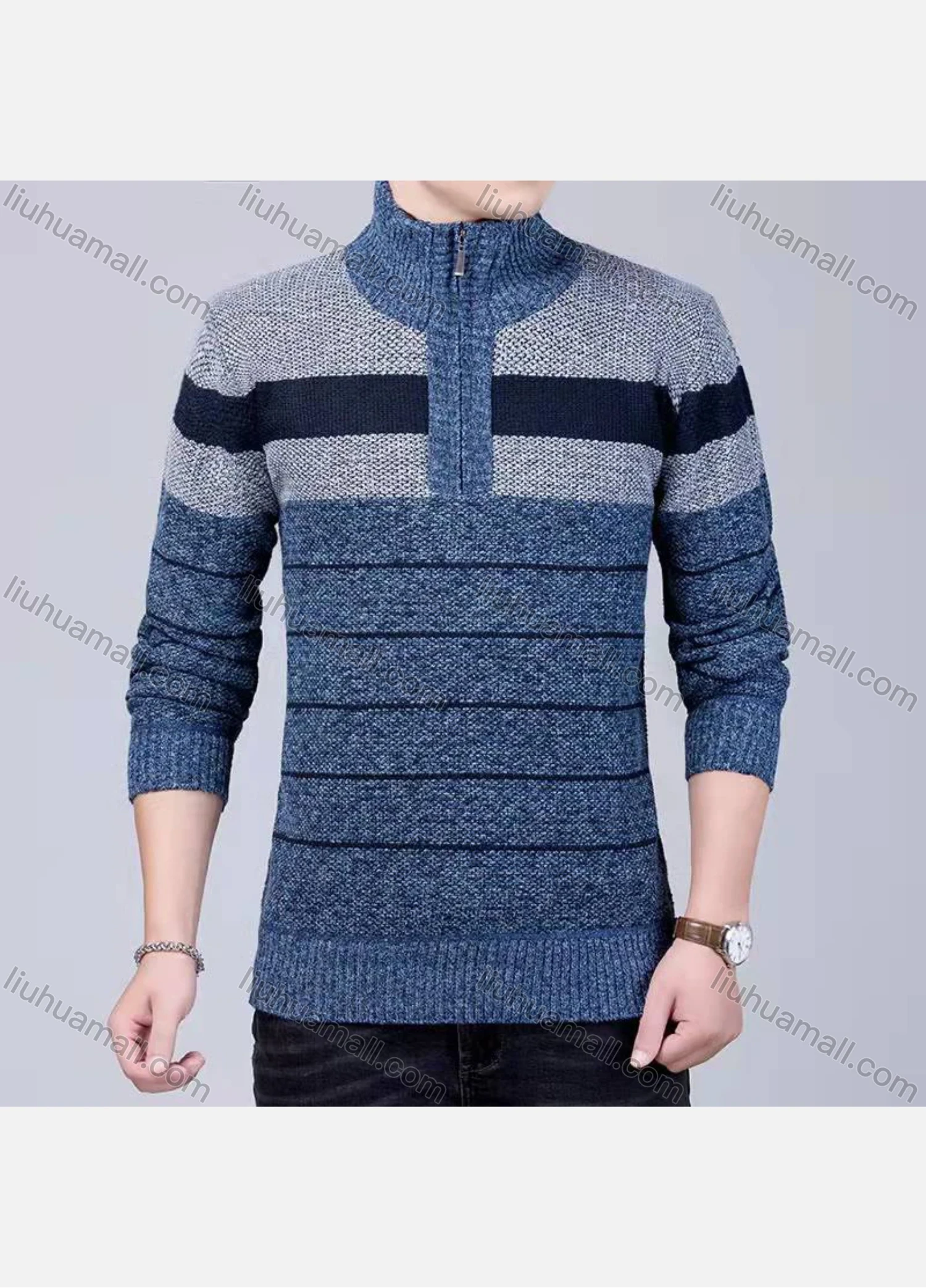 Wholesale Men's Casual Long Sleeve High Neck Quarter Zip Colorblock Striped Knit Tops - Liuhuamall