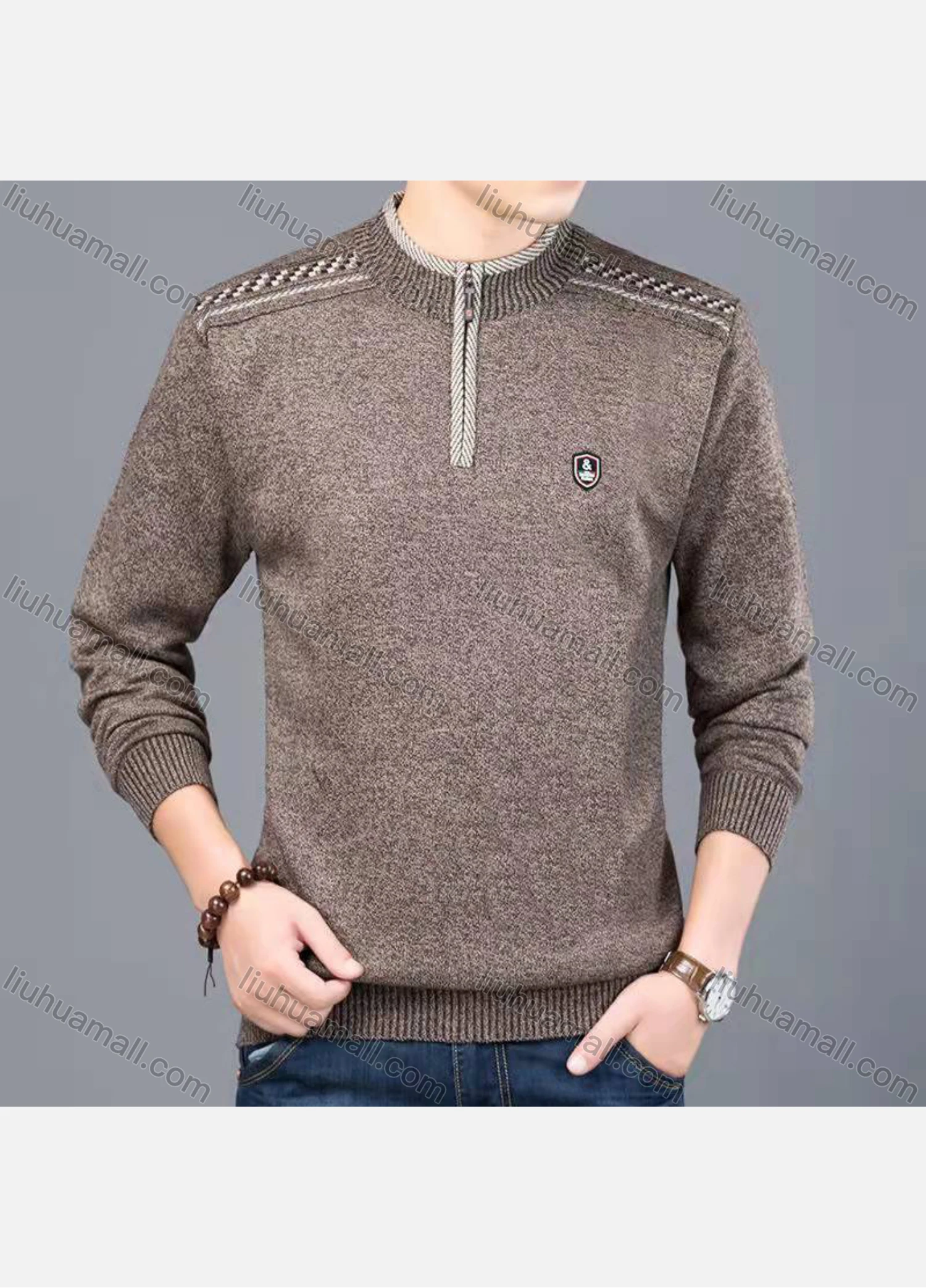 Wholesale Men's Casual Lapel Long Sleeve Quarter Zip Logo Label Pullover Knit Top - Liuhuamall