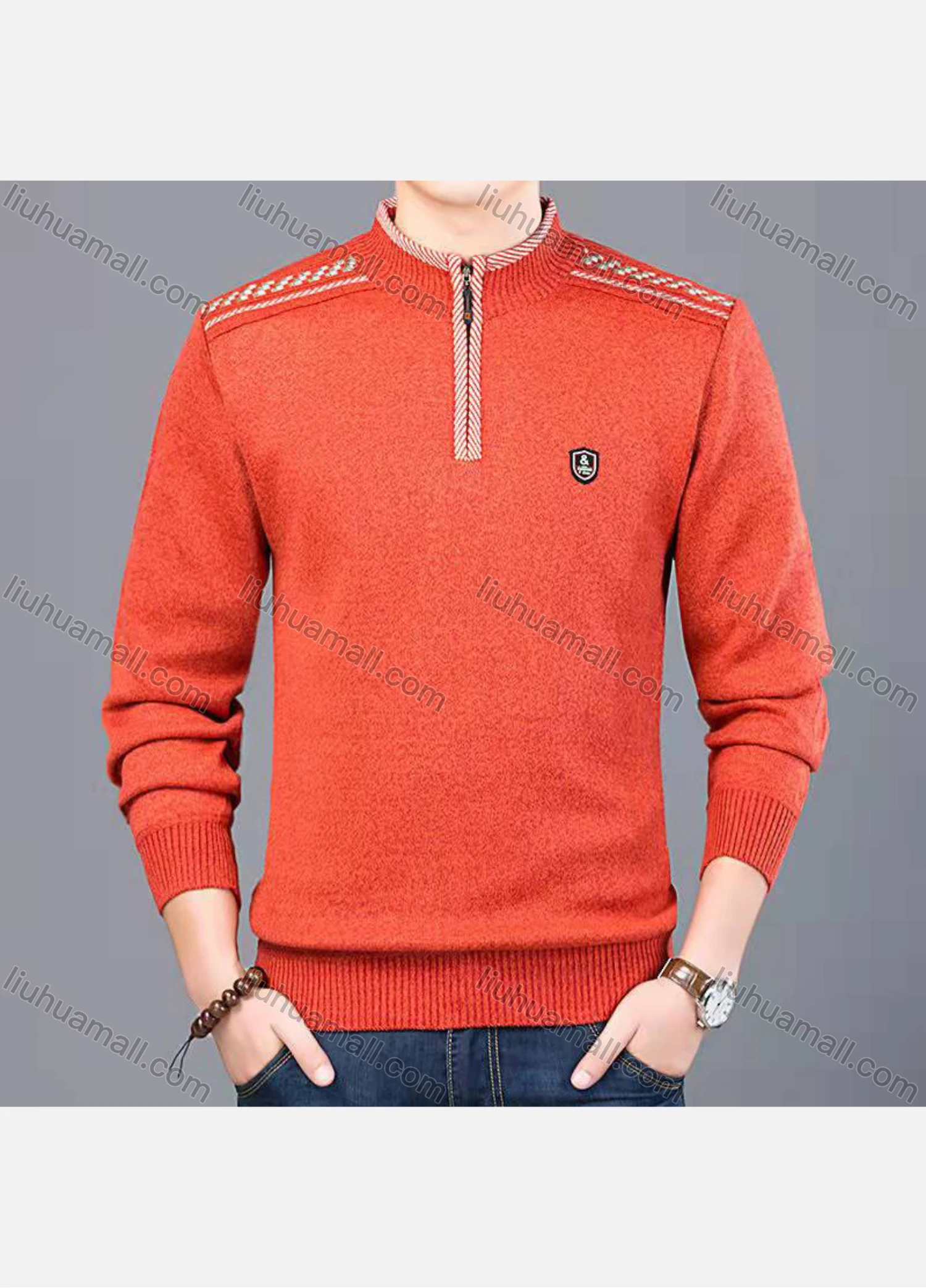 Wholesale Men's Casual Lapel Long Sleeve Quarter Zip Logo Label Pullover Knit Top - Liuhuamall