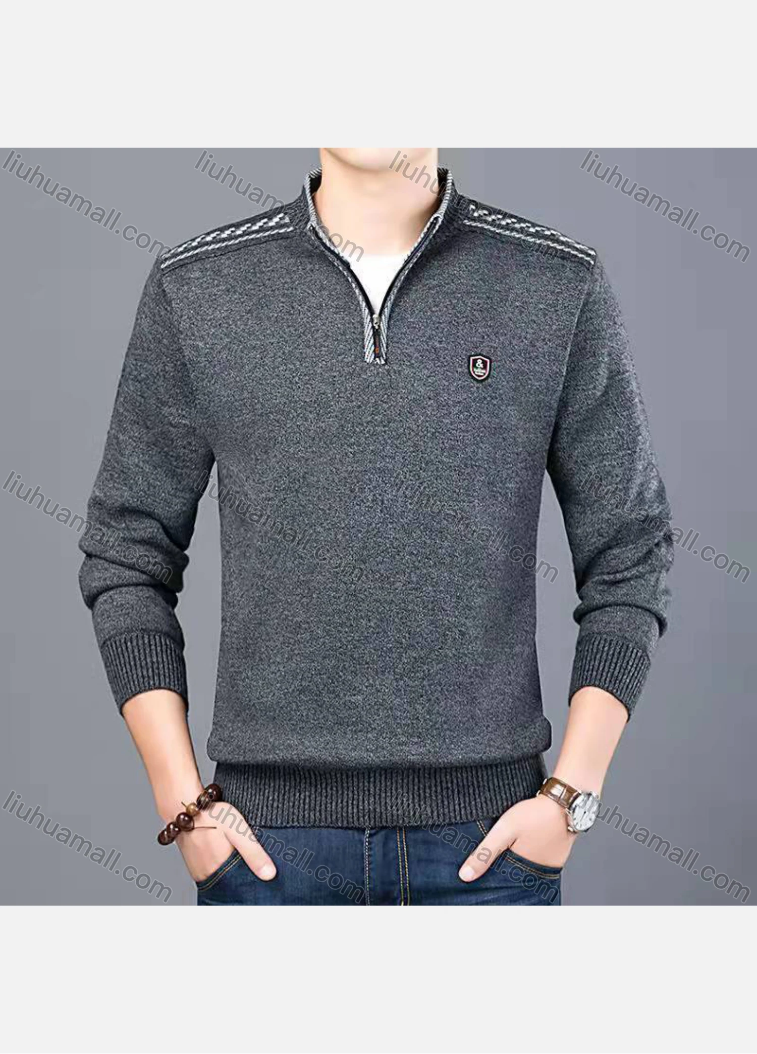 Wholesale Men's Casual Lapel Long Sleeve Quarter Zip Logo Label Pullover Knit Top - Liuhuamall