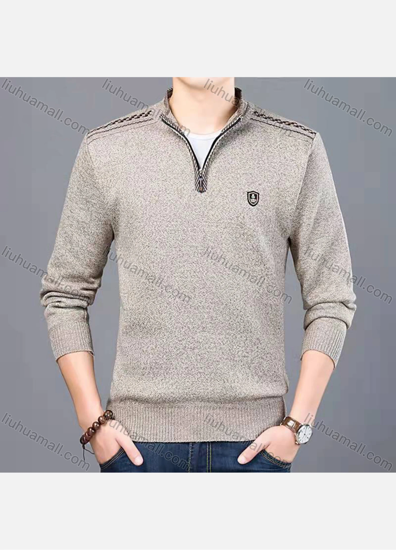 Wholesale Men's Casual Lapel Long Sleeve Quarter Zip Logo Label Pullover Knit Top - Liuhuamall