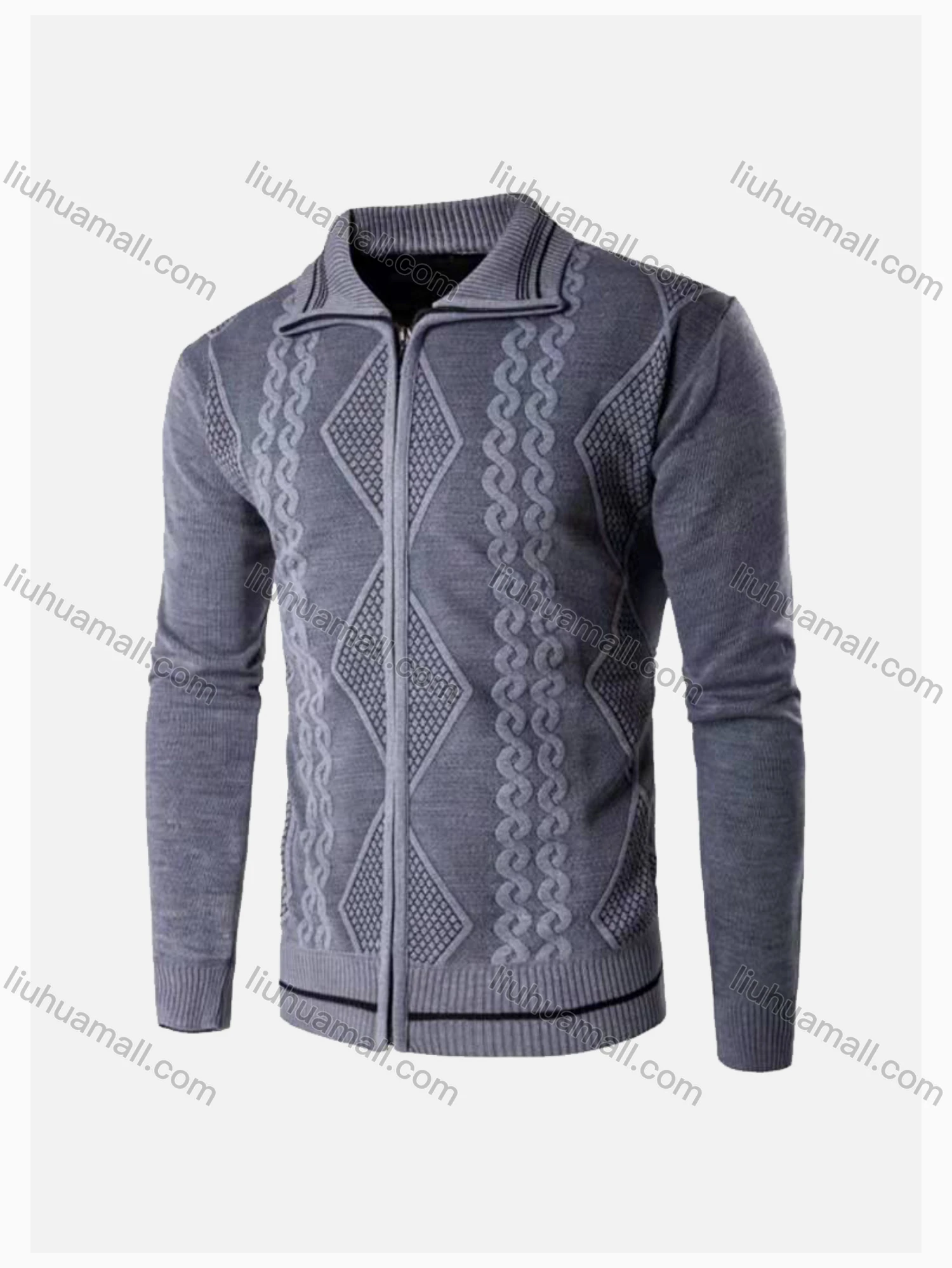 Wholesale Men's Casual Long Sleeve Texture Full Zip Lapel Cable Knit Sweater Jacket - Liuhuamall