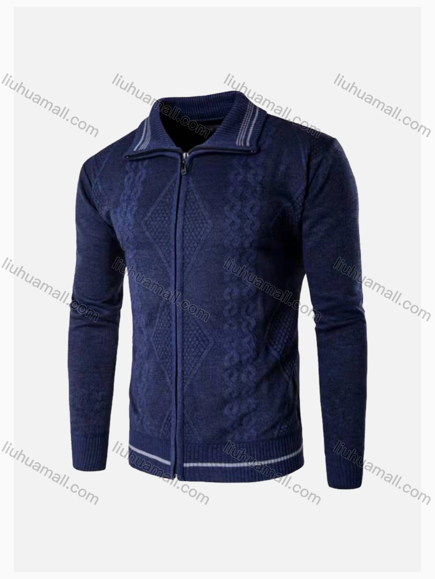 Wholesale Men's Casual Long Sleeve Texture Full Zip Lapel Cable Knit Sweater Jacket - Liuhuamall