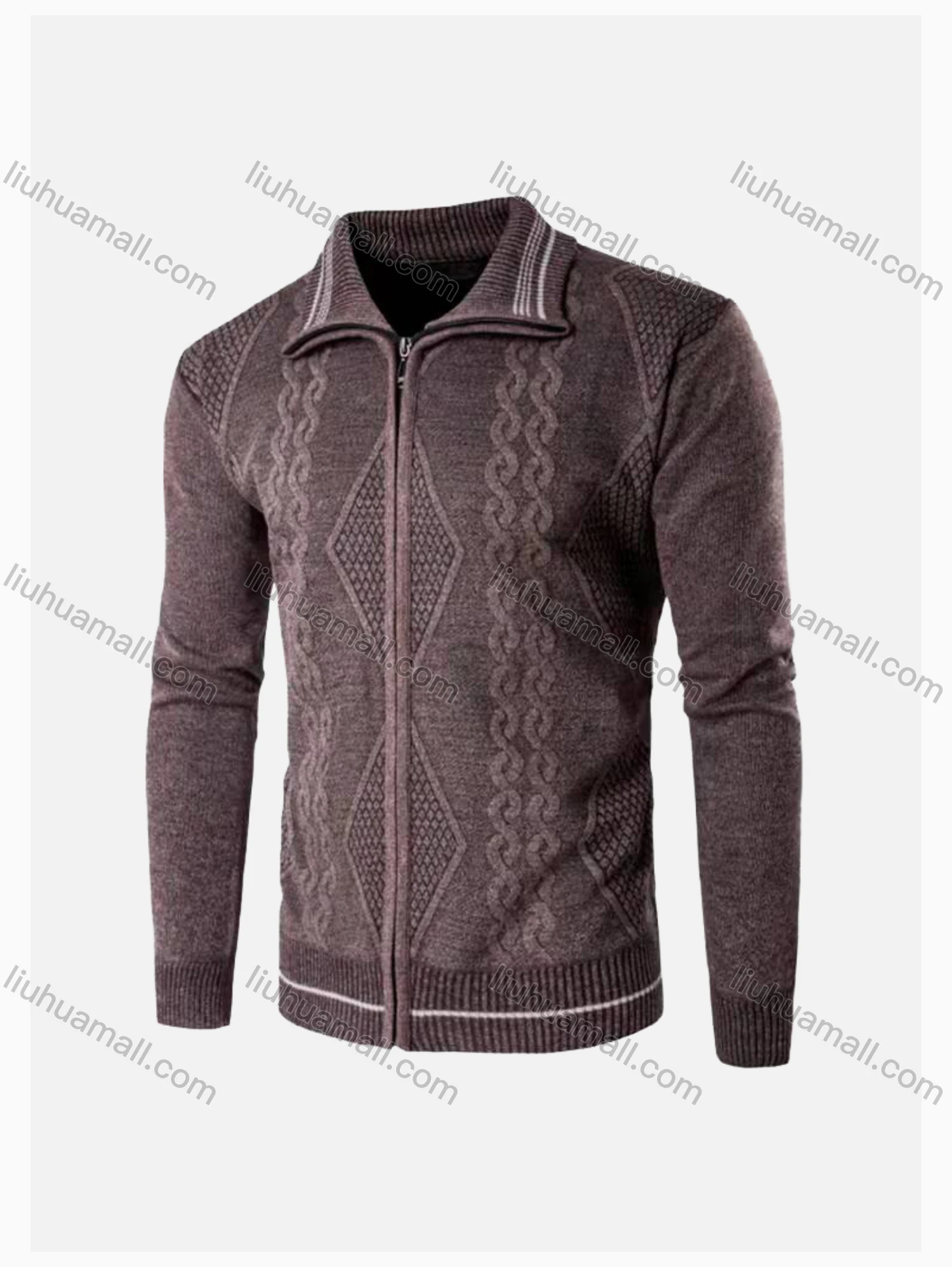 Wholesale Men's Casual Long Sleeve Texture Full Zip Lapel Cable Knit Sweater Jacket - Liuhuamall