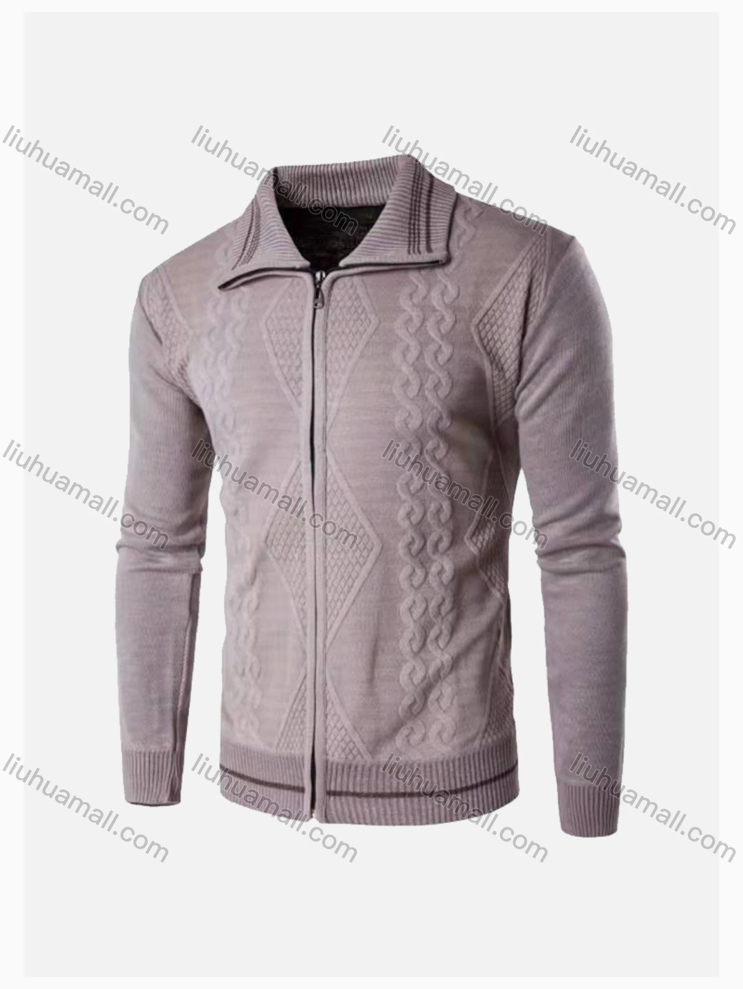 Wholesale Men's Casual Long Sleeve Texture Full Zip Lapel Cable Knit Sweater Jacket - Liuhuamall
