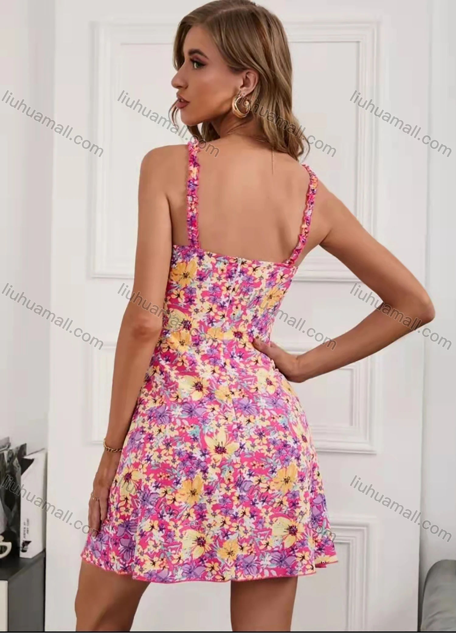 Wholesale Women's Sexy Strap Sweetheart Ruffle Trim Allover Floral Print Short Dress AY054# - Liuhuamall