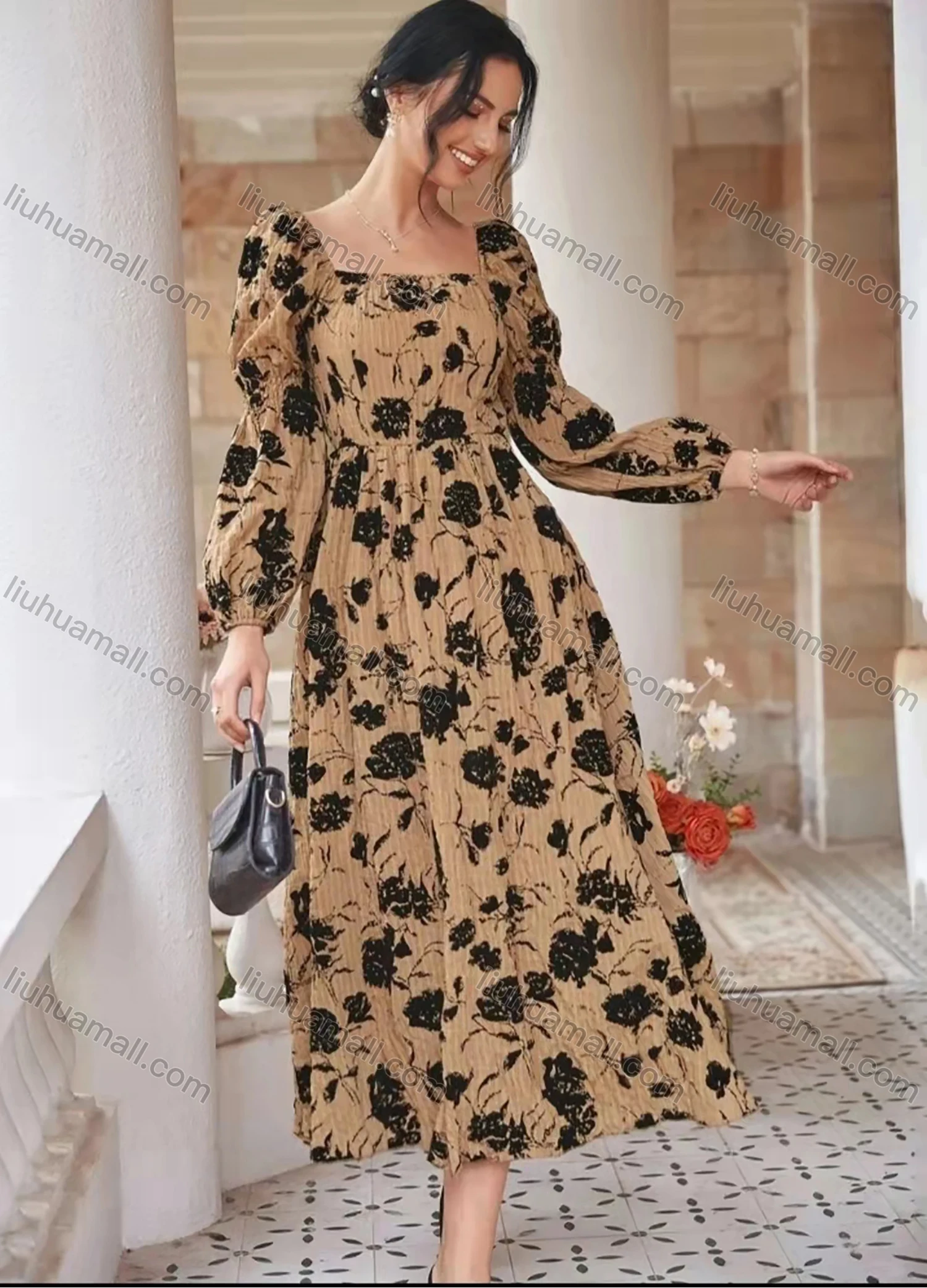 Wholesale Women's Caual Square-neck Bishop Sleeve Shirred Floral Print Two Tone Midi Dress AY055# - Liuhuamall