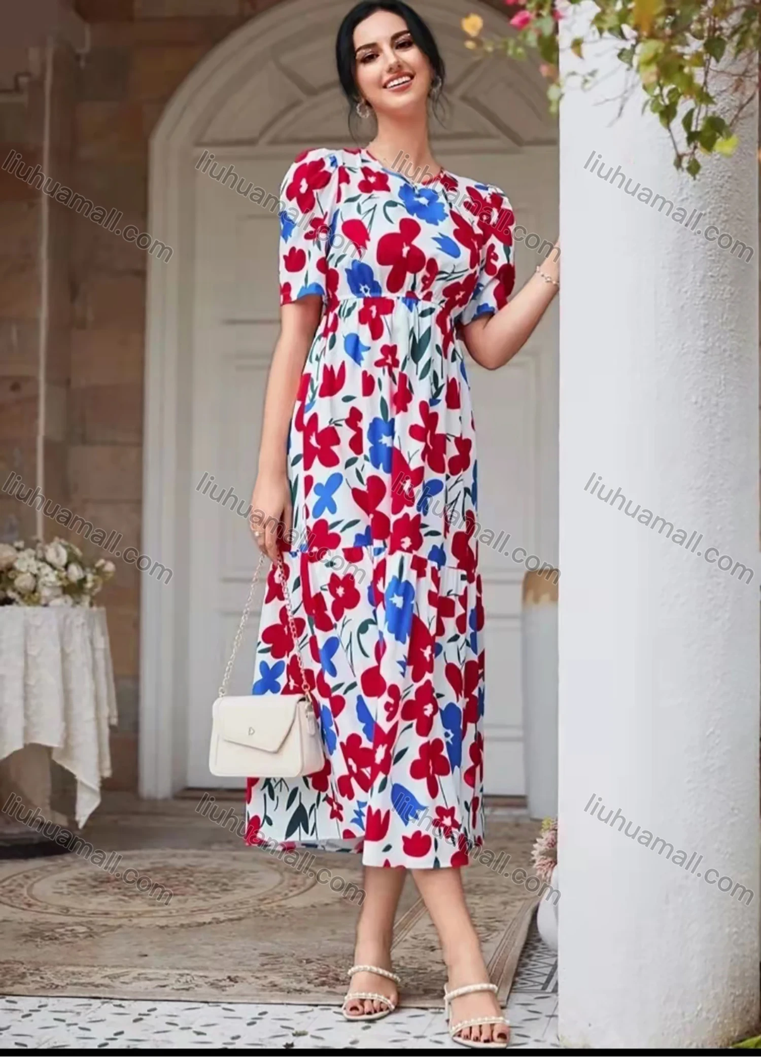 Wholesale Women's Casual Short Sleeve Empire Waist Floral Print A-line Midi Dress AY056# - Liuhuamall