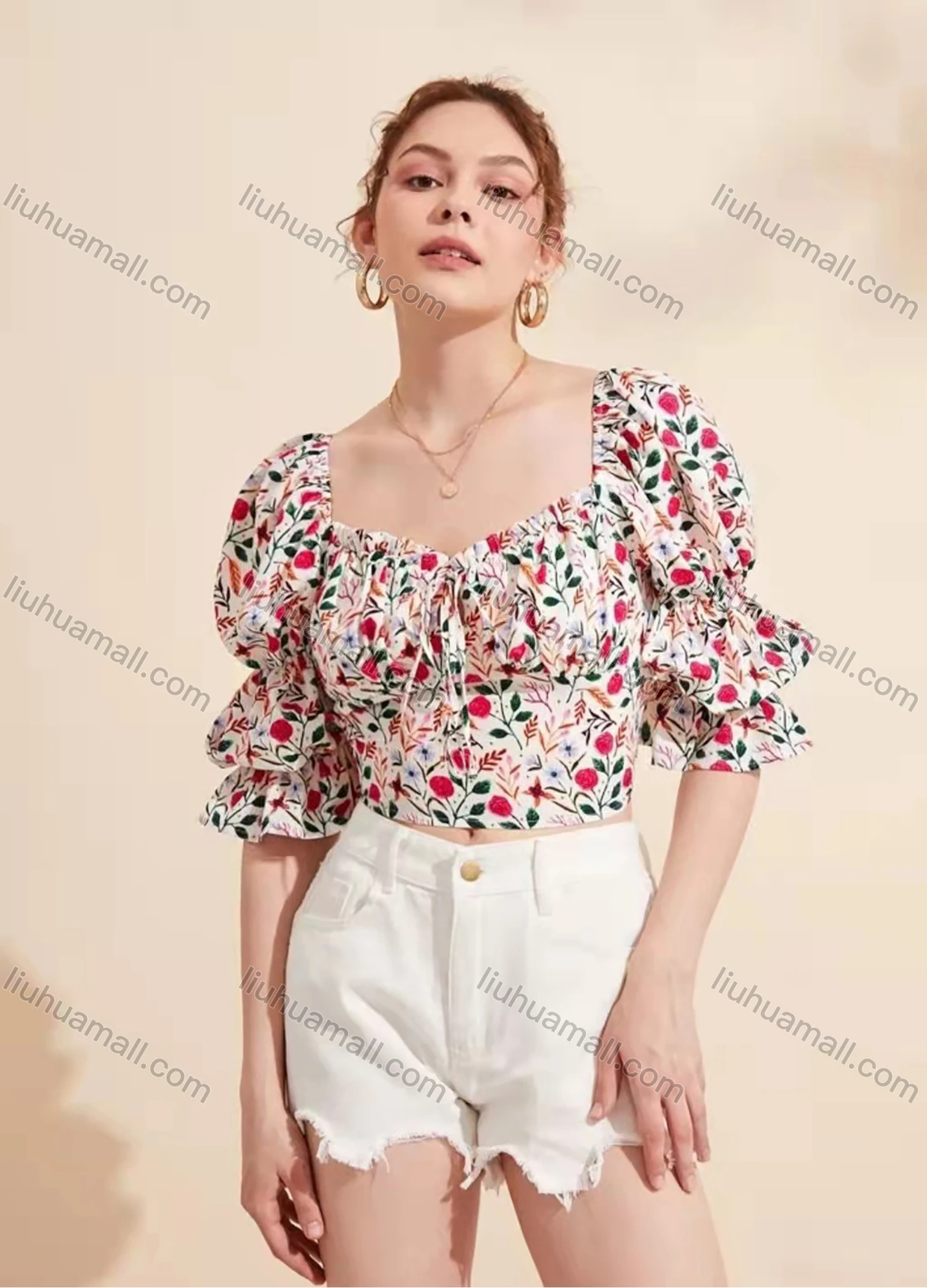 Wholesale Women's Square Neck Tie Front Layered Sleeve Floral Print Crop Casual Top AY057# - Liuhuamall