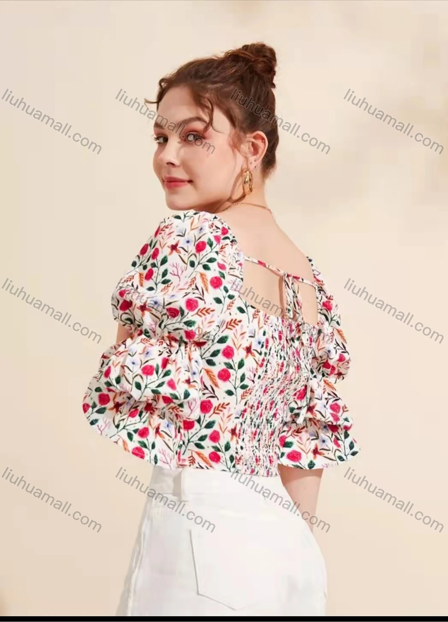Wholesale Women's Square Neck Tie Front Layered Sleeve Floral Print Crop Casual Top AY057# - Liuhuamall