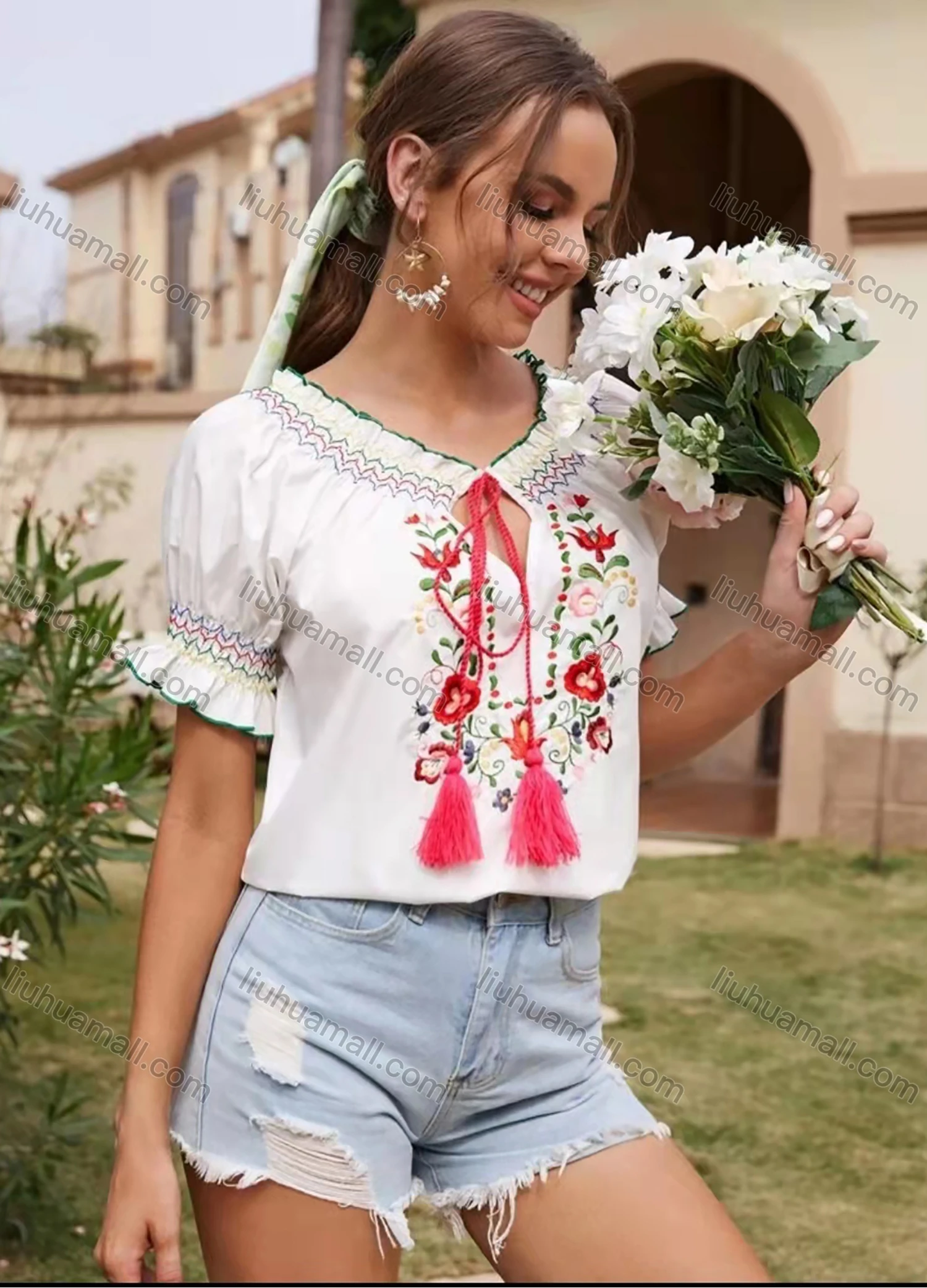 Wholesale Women's Boho Keyhole Neck Drawstring Fringe Trim Ruffle Floral Embroidery Blouse - Liuhuamall