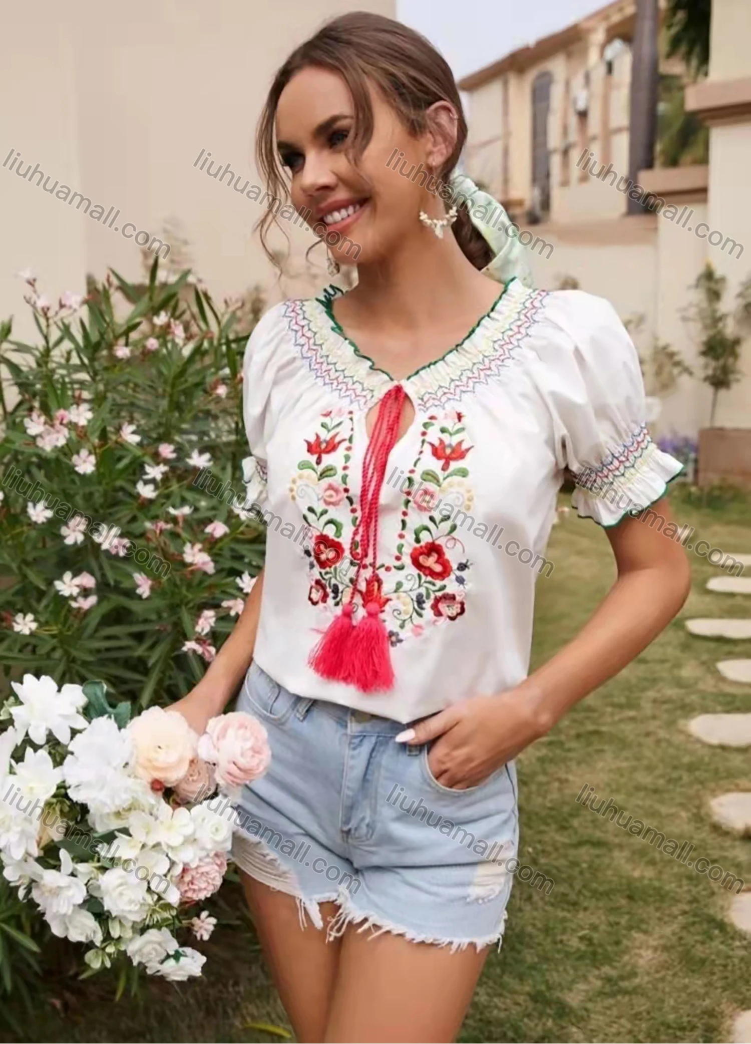 Wholesale Women's Boho Keyhole Neck Drawstring Fringe Trim Ruffle Floral Embroidery Blouse - Liuhuamall