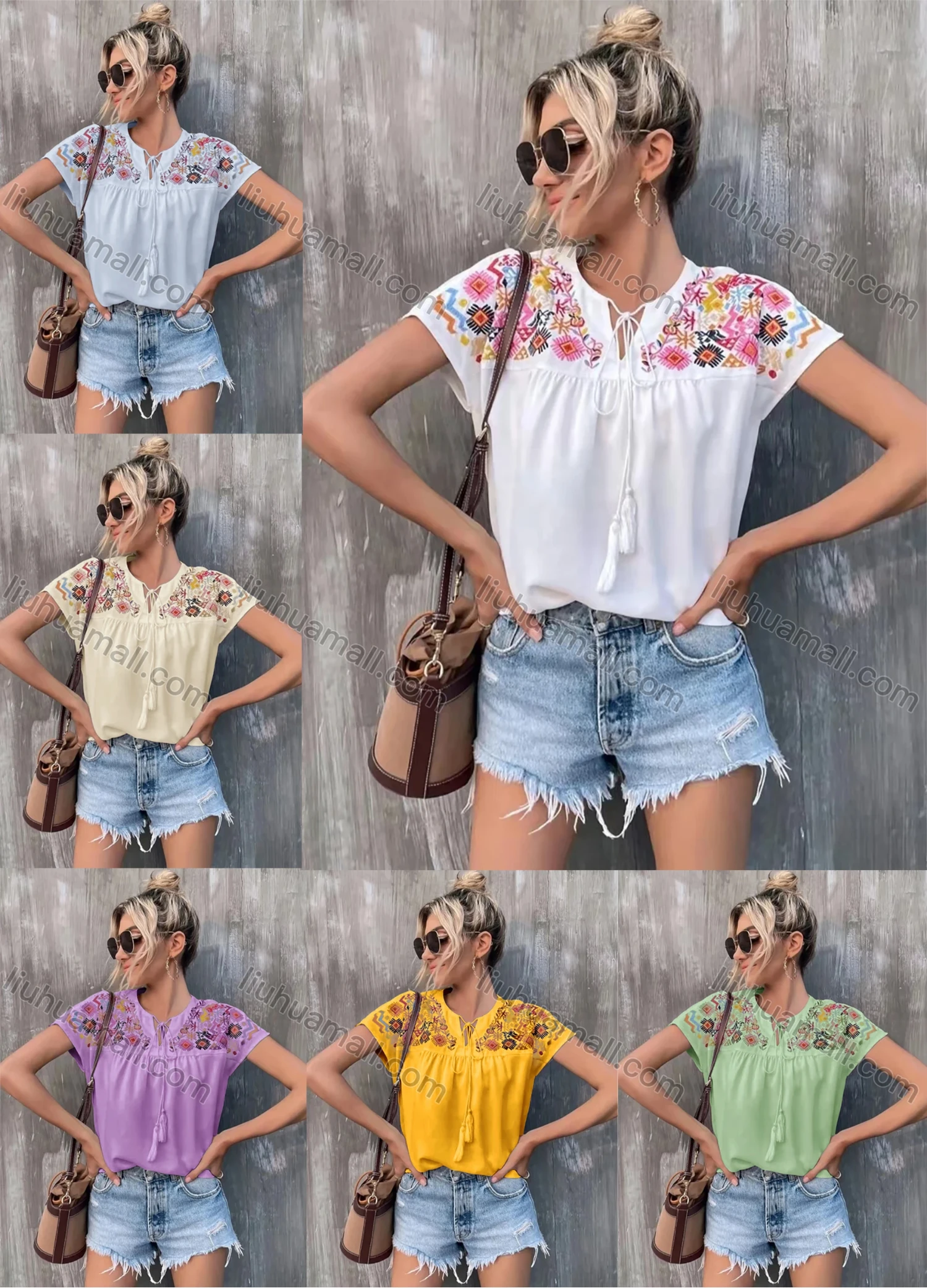 Wholesale Women's Boho Notched Neck Drawstring Fringe Trim Short Sleeve Embroidery Blouse AY059# - Liuhuamall