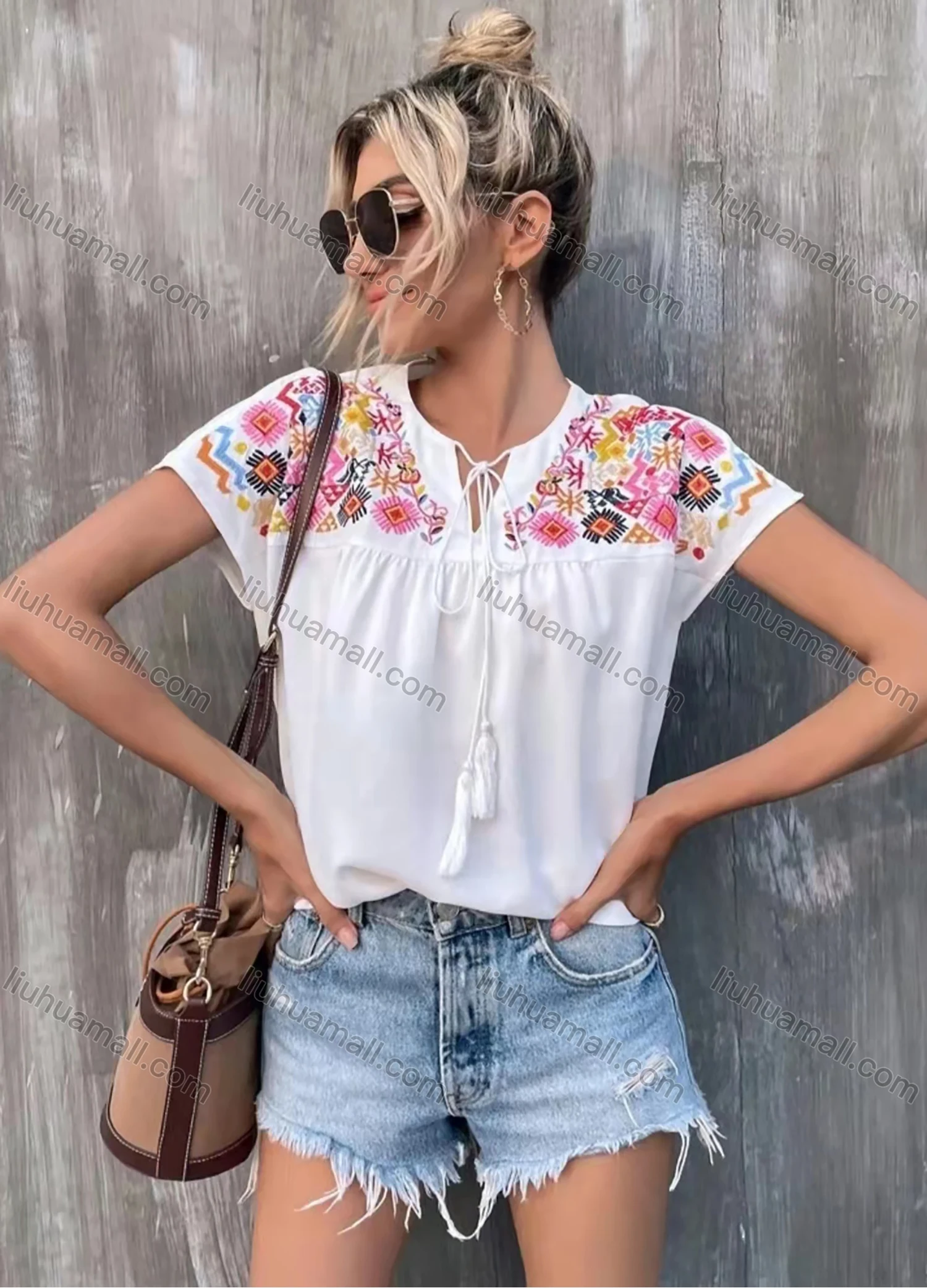 Wholesale Women's Boho Notched Neck Drawstring Fringe Trim Short Sleeve Embroidery Blouse AY059# - Liuhuamall