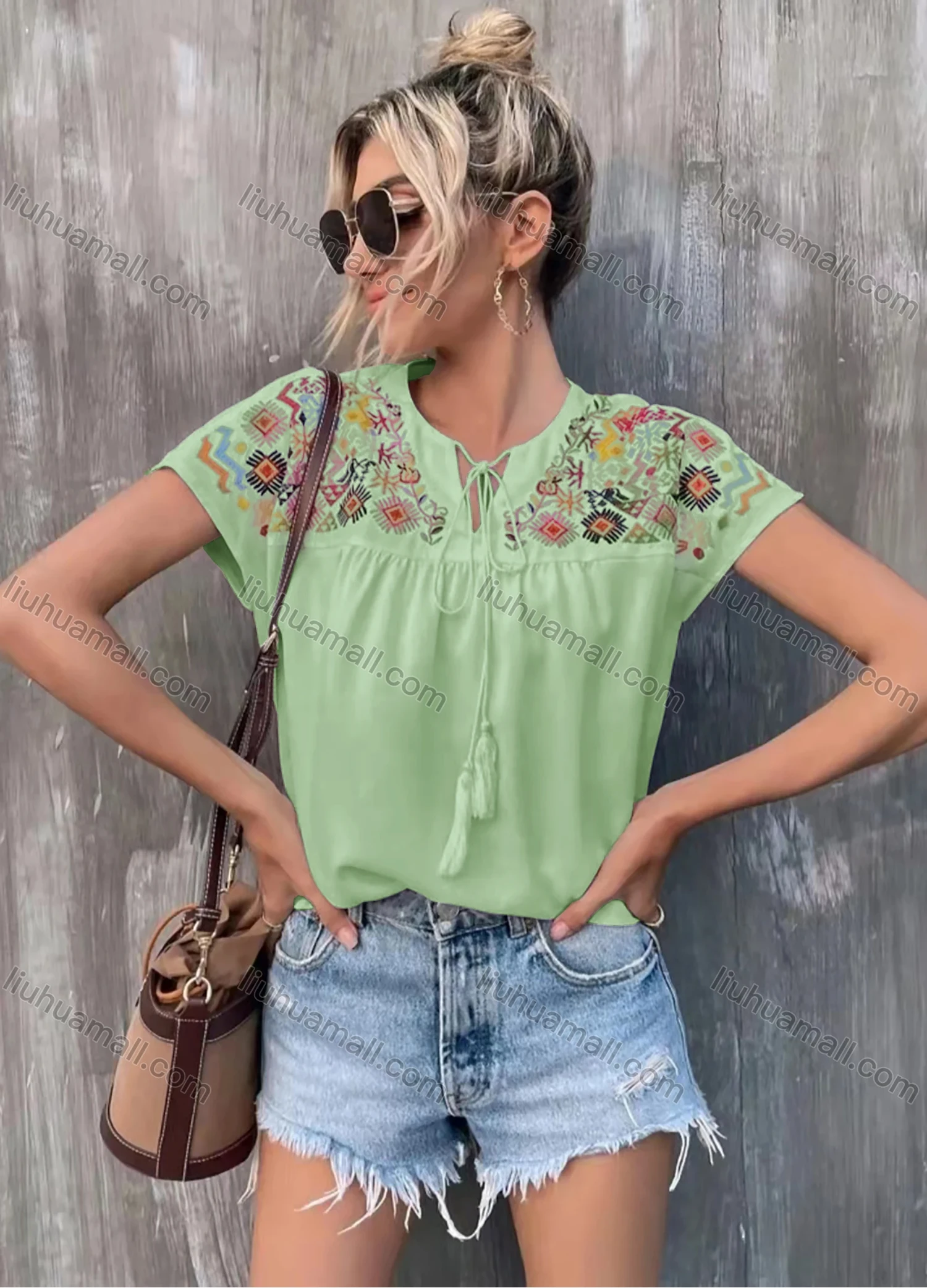 Wholesale Women's Boho Notched Neck Drawstring Fringe Trim Short Sleeve Embroidery Blouse AY059# - Liuhuamall