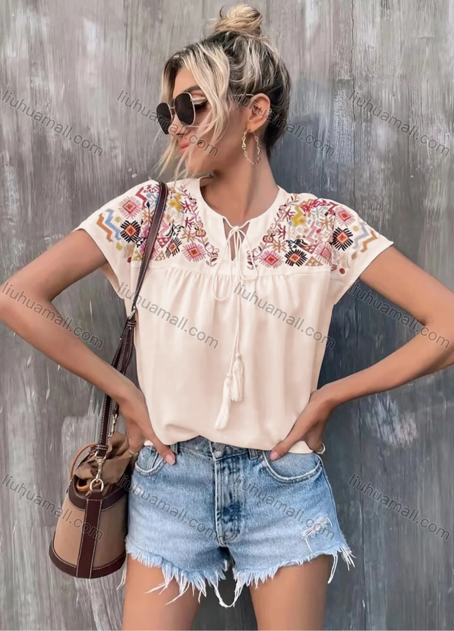 Wholesale Women's Boho Notched Neck Drawstring Fringe Trim Short Sleeve Embroidery Blouse AY059# - Liuhuamall