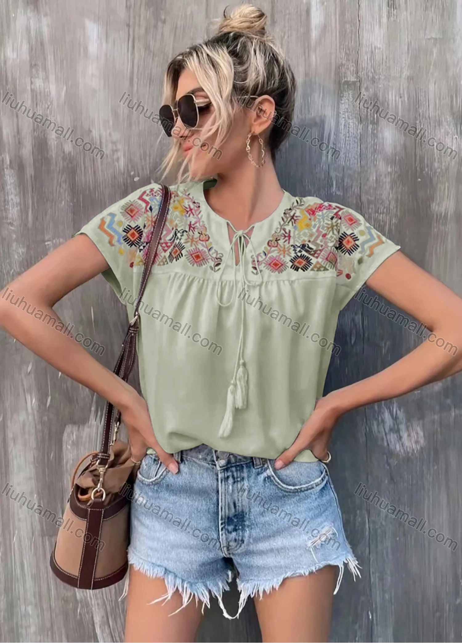 Wholesale Women's Boho Notched Neck Drawstring Fringe Trim Short Sleeve Embroidery Blouse AY059# - Liuhuamall