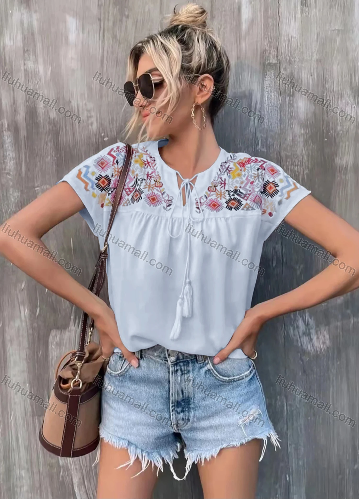 Wholesale Women's Boho Notched Neck Drawstring Fringe Trim Short Sleeve Embroidery Blouse AY059# - Liuhuamall