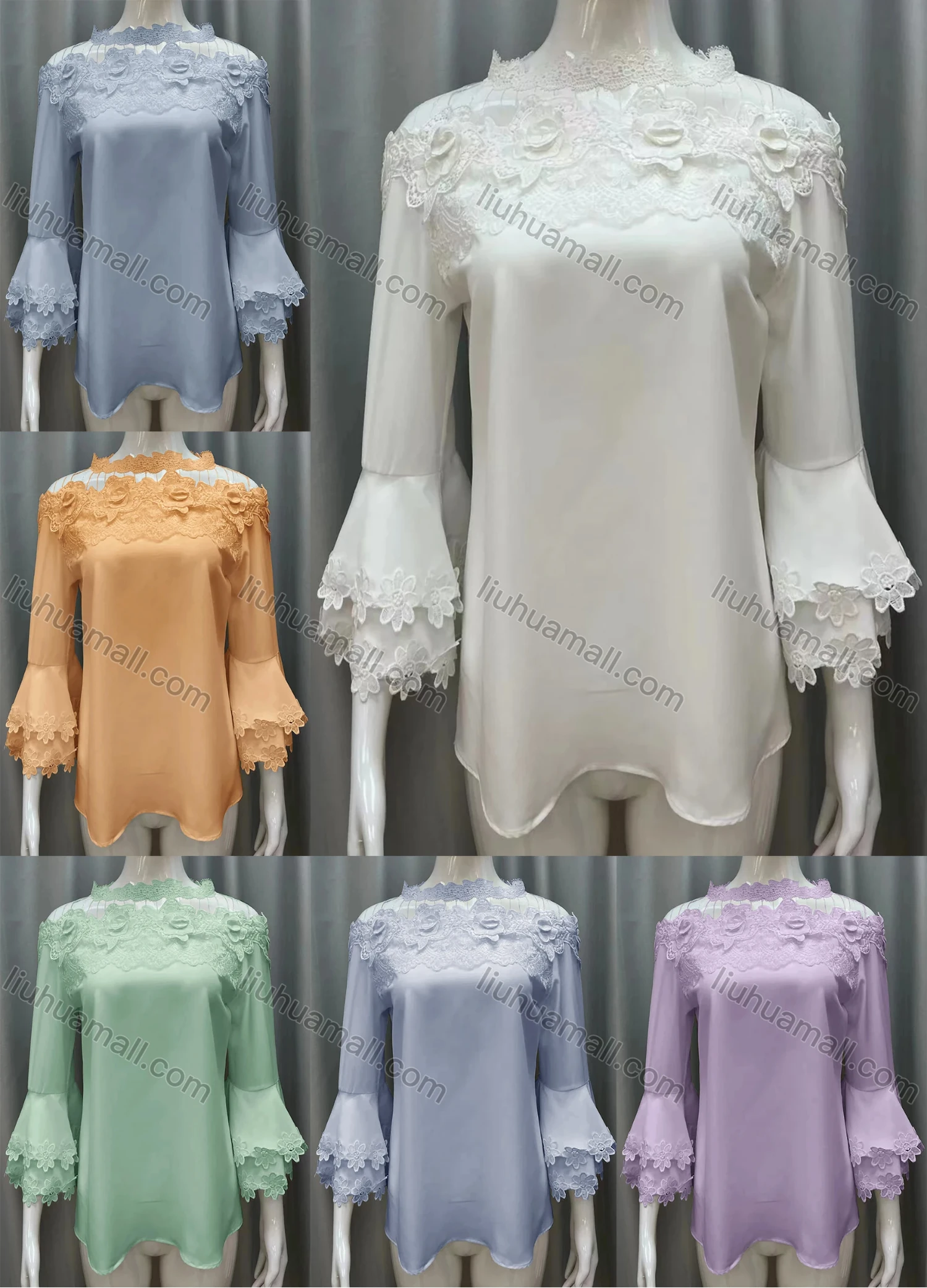 Wholesale Women's Elegant Plain Layered Trumpet Sleeve Lace Applique Blouse - Liuhuamall