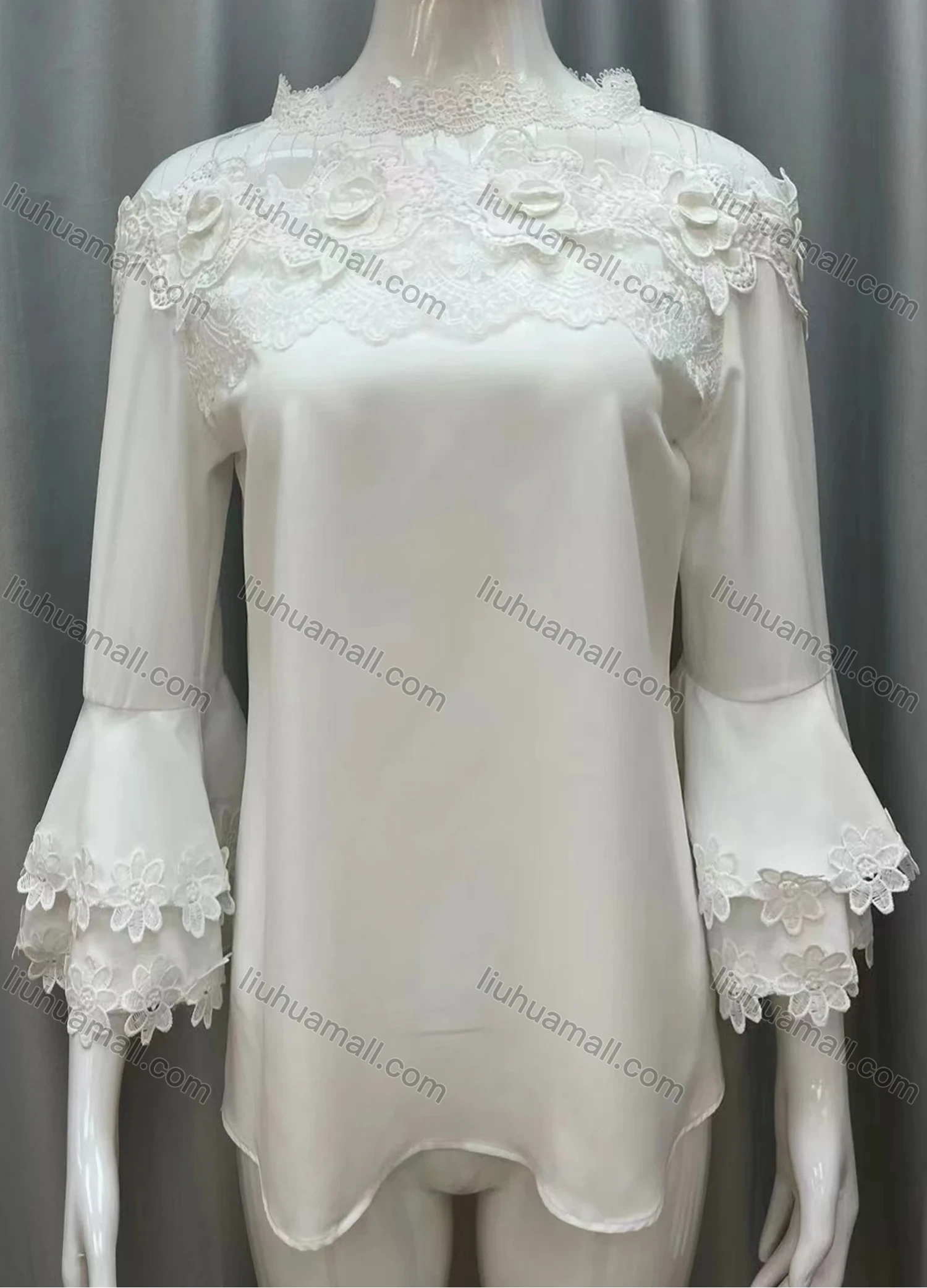 Wholesale Women's Elegant Plain Layered Trumpet Sleeve Lace Applique Blouse - Liuhuamall