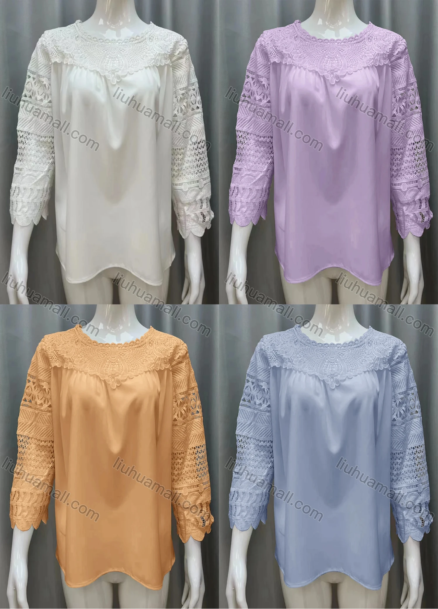 Wholesale Women's Elegant Plain Guipure Lace Long Sleeve Ruffle Hem Blouse - Liuhuamall