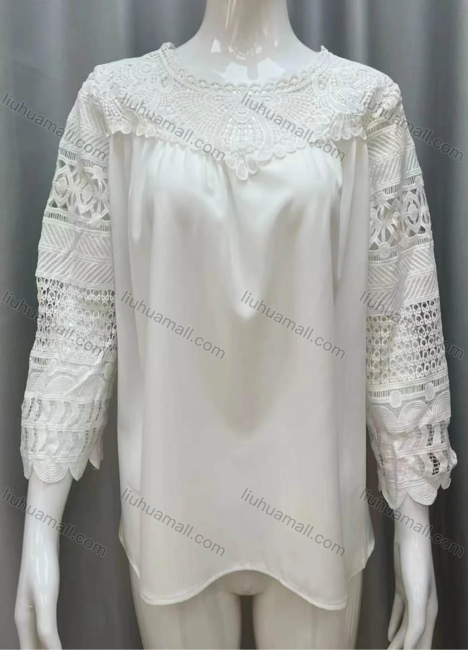 Wholesale Women's Elegant Plain Guipure Lace Long Sleeve Ruffle Hem Blouse - Liuhuamall