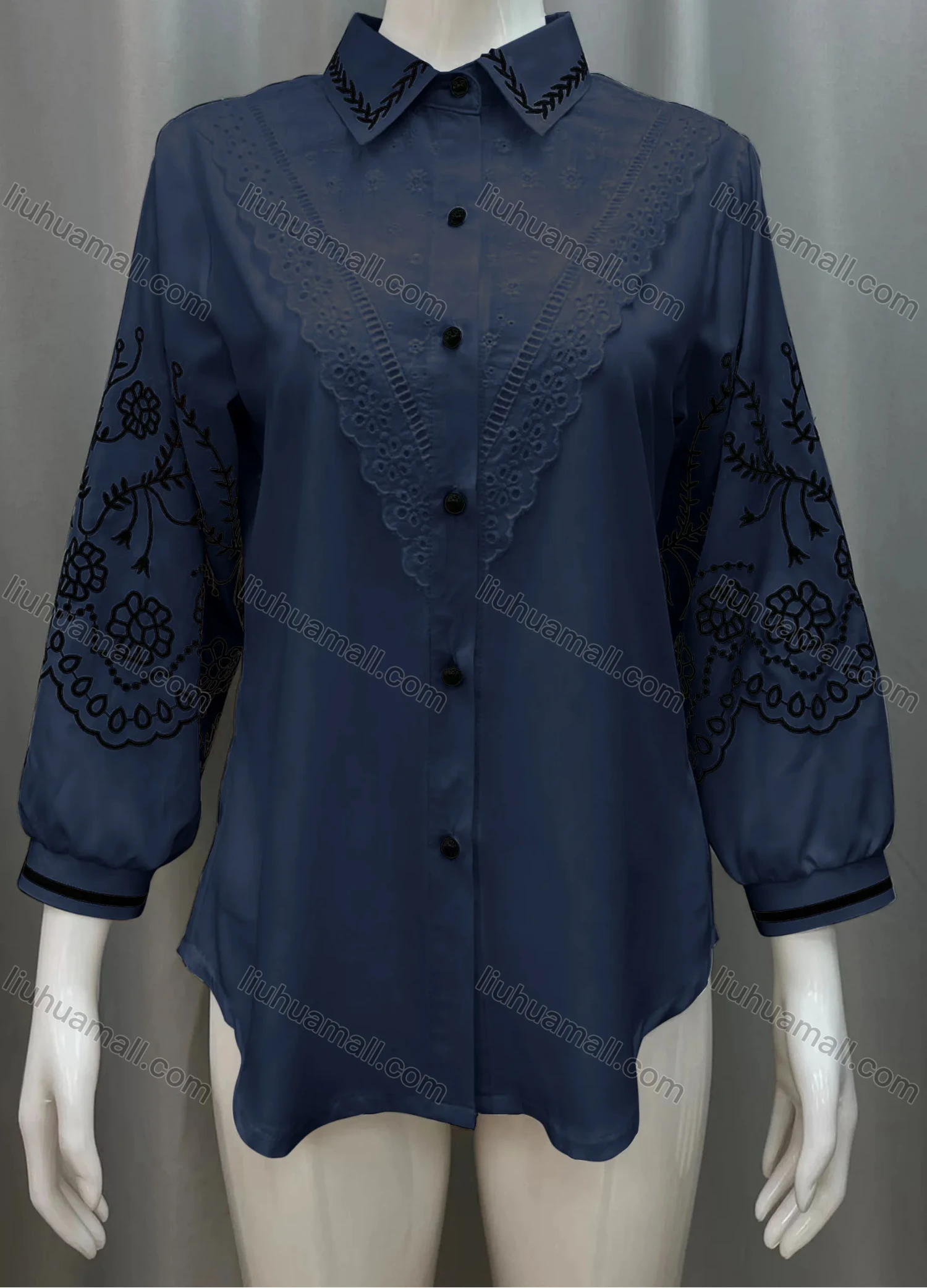 Wholesale Women's Vintage Lantern Sleeve Lace Trim Button Down Shirts - Liuhuamall