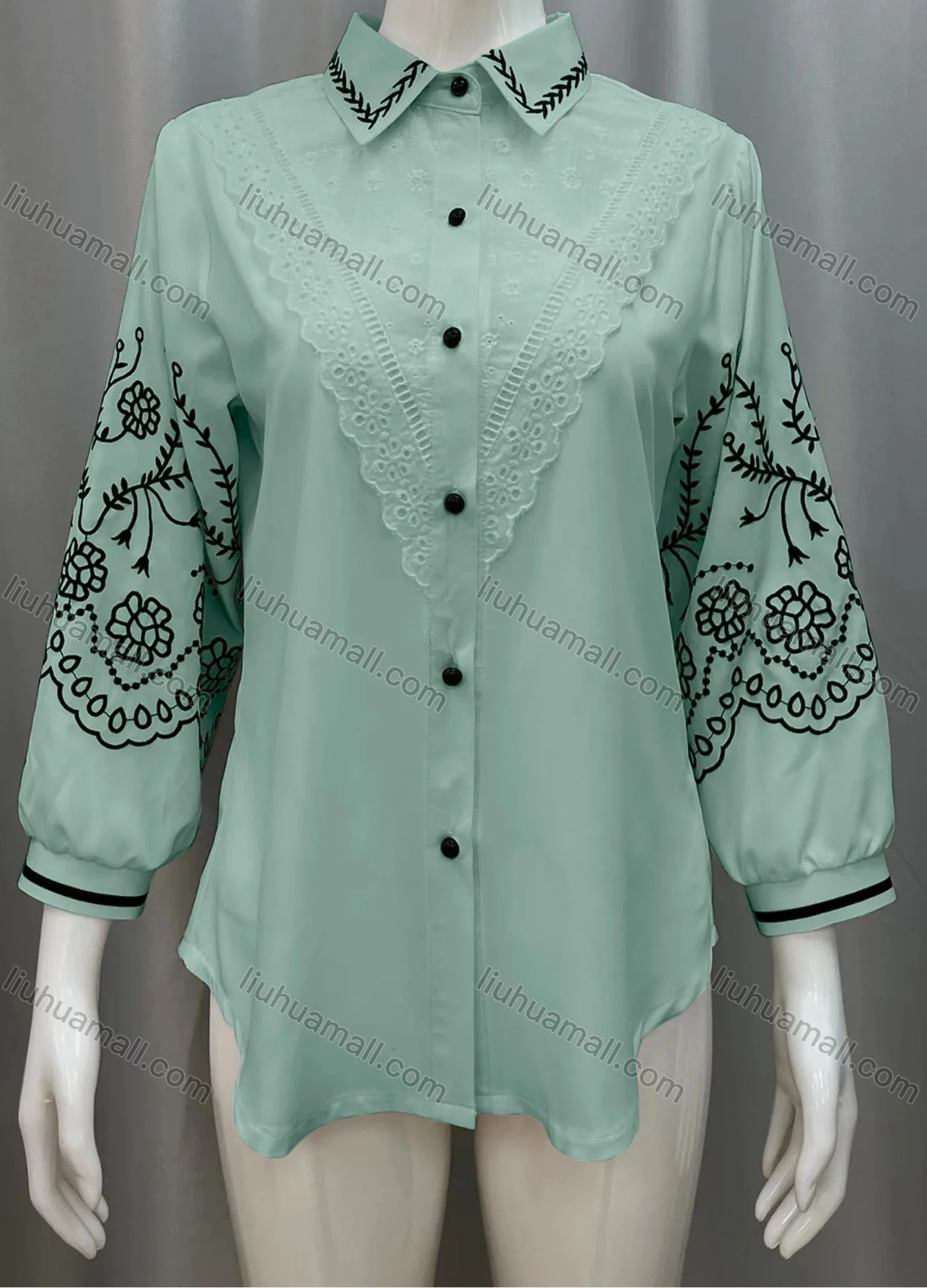 Wholesale Women's Vintage Lantern Sleeve Lace Trim Button Down Shirts - Liuhuamall