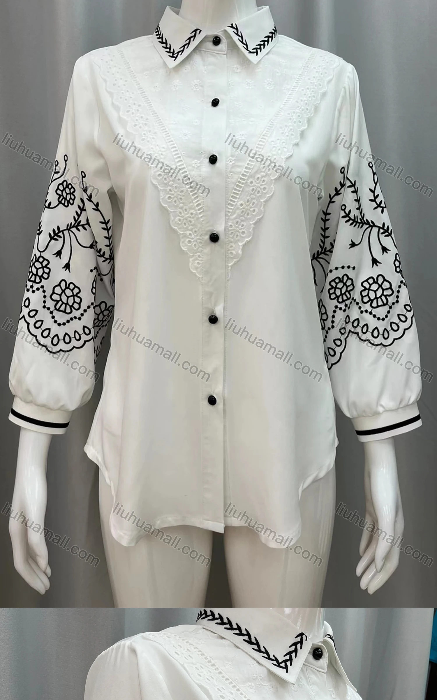 Wholesale Women's Vintage Lantern Sleeve Lace Trim Button Down Shirts - Liuhuamall