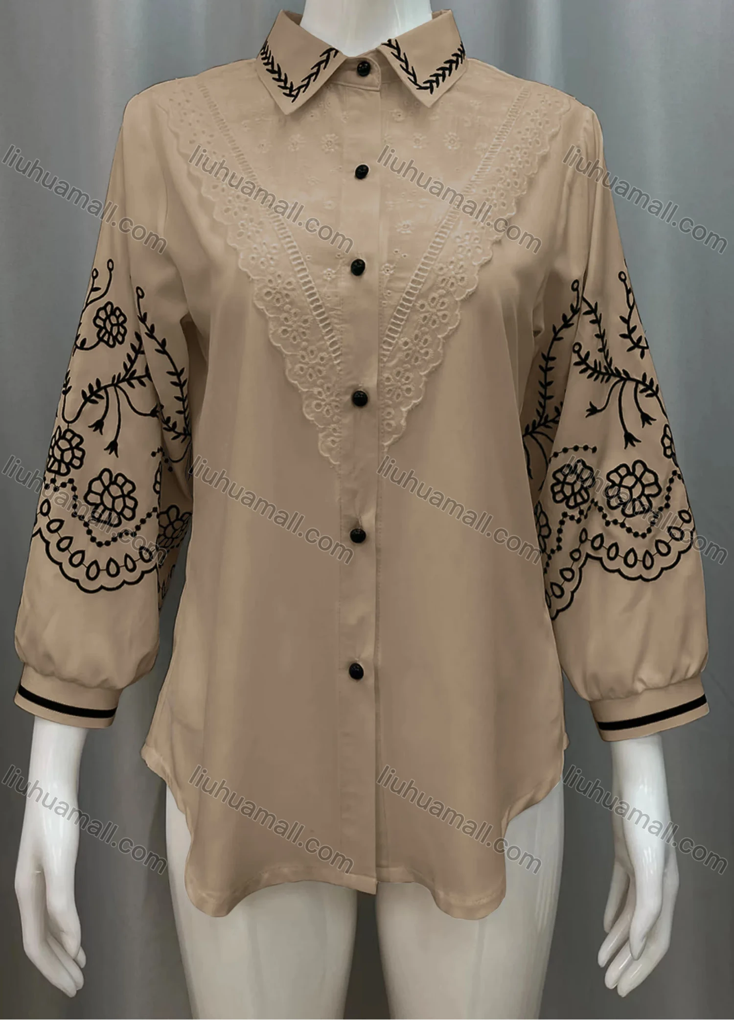 Wholesale Women's Vintage Lantern Sleeve Lace Trim Button Down Shirts - Liuhuamall