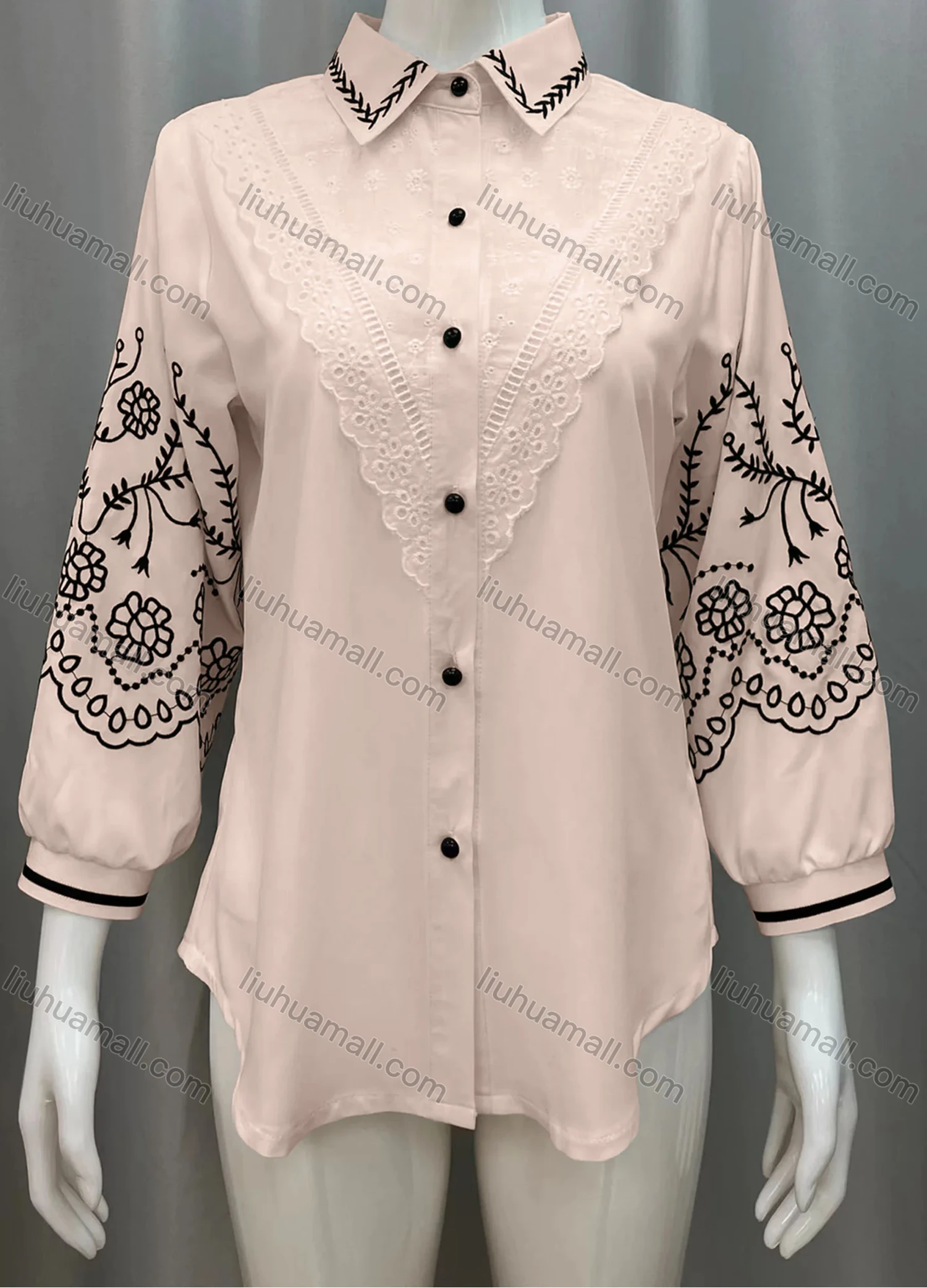 Wholesale Women's Vintage Lantern Sleeve Lace Trim Button Down Shirts - Liuhuamall