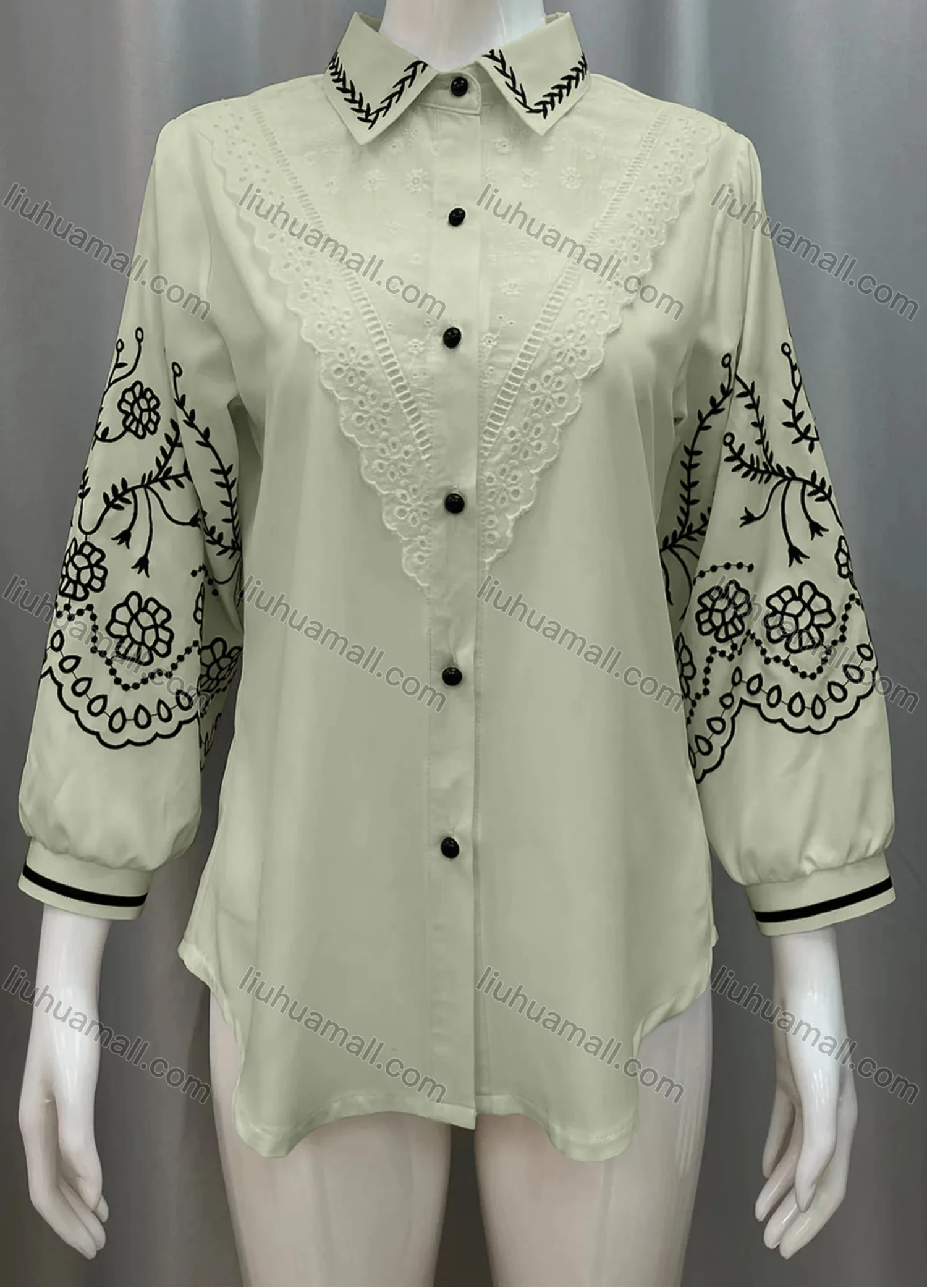 Wholesale Women's Vintage Lantern Sleeve Lace Trim Button Down Shirts - Liuhuamall