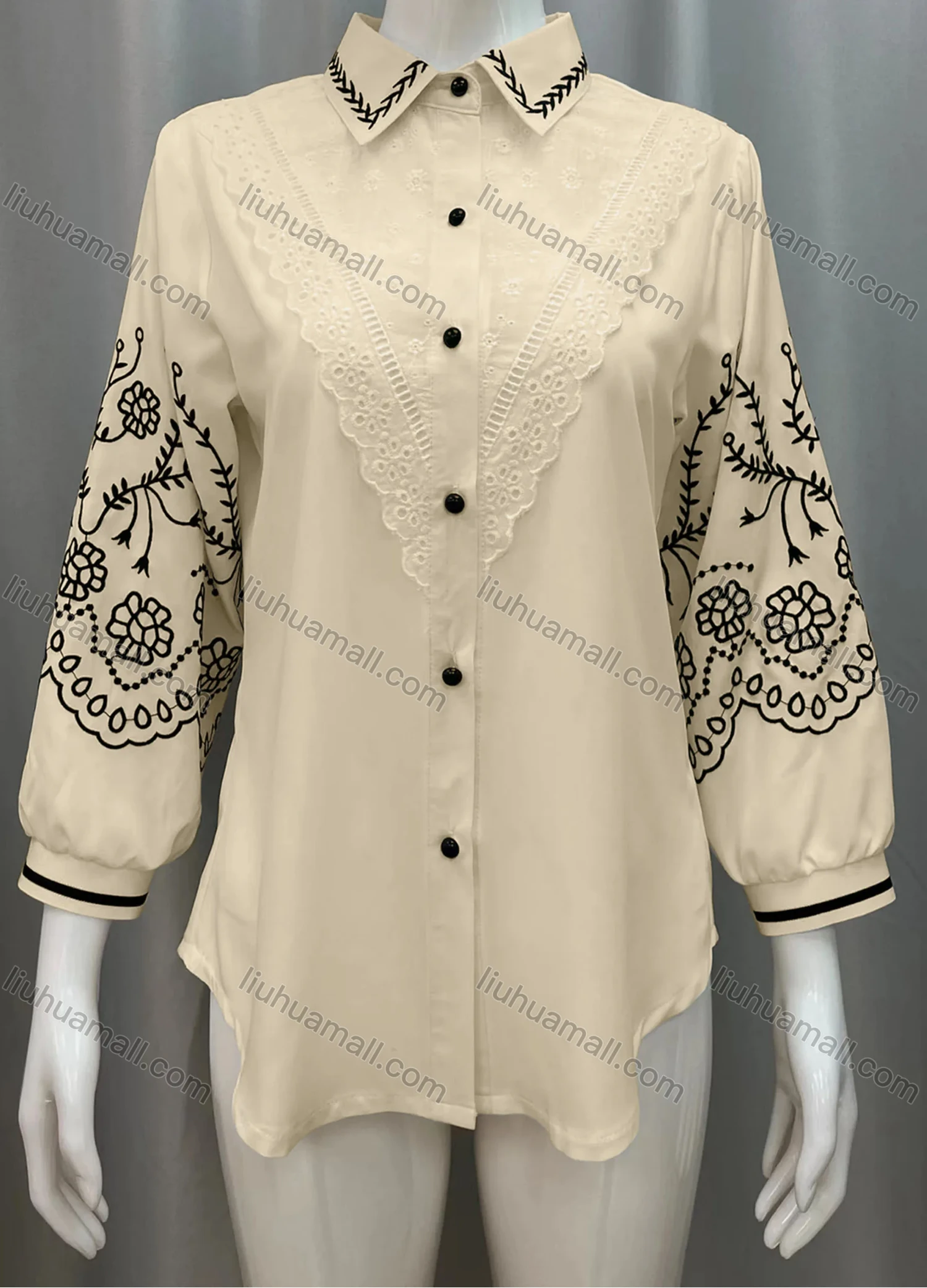 Wholesale Women's Vintage Lantern Sleeve Lace Trim Button Down Shirts - Liuhuamall