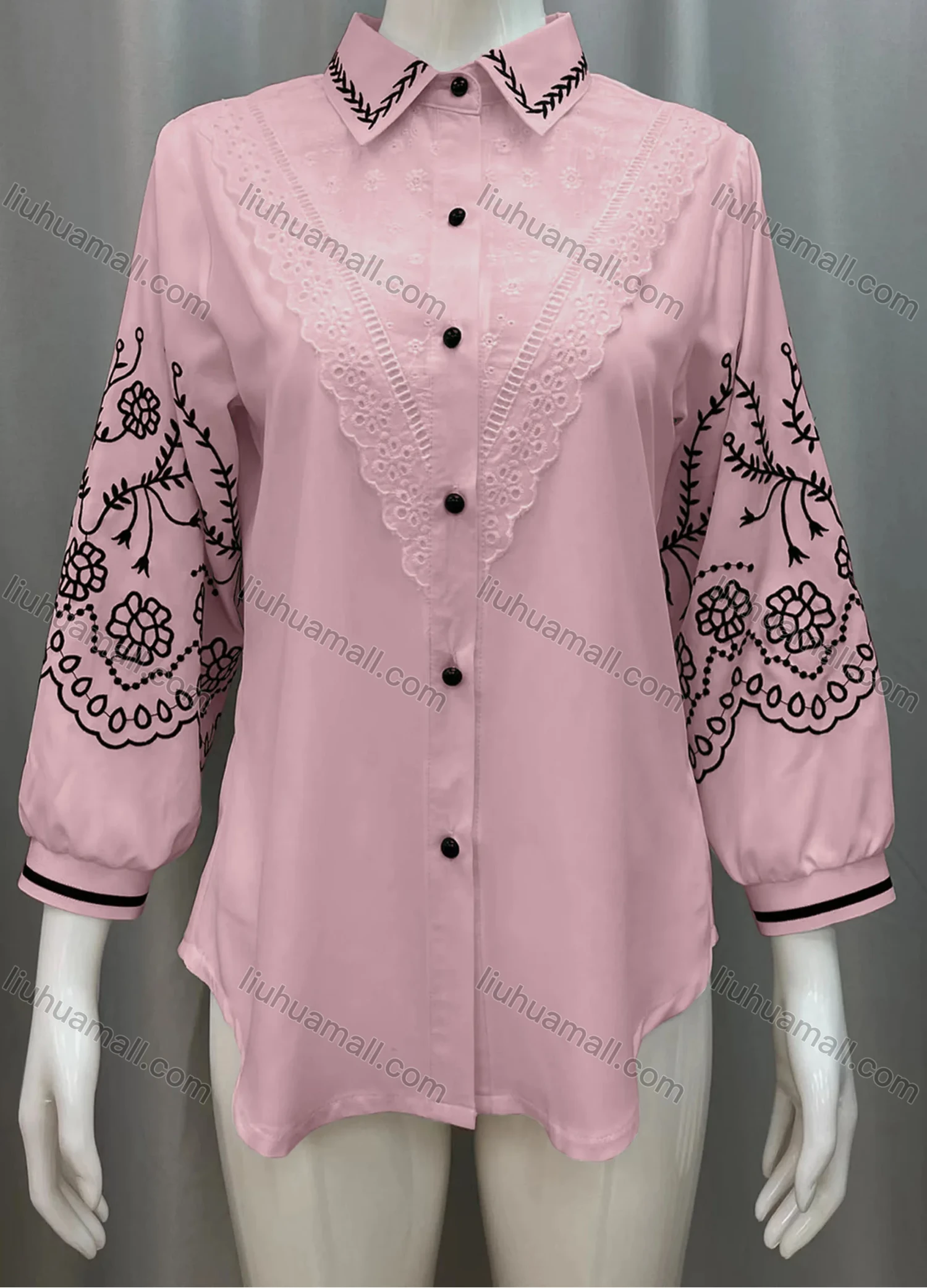 Wholesale Women's Vintage Lantern Sleeve Lace Trim Button Down Shirts - Liuhuamall