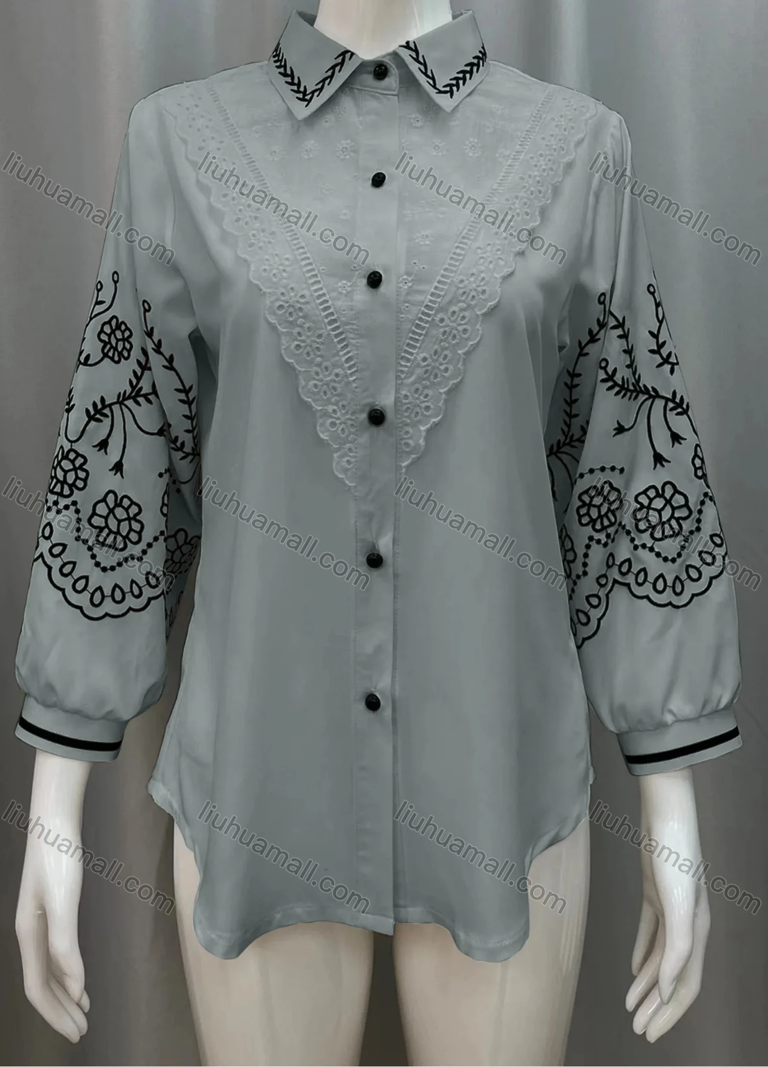Wholesale Women's Vintage Lantern Sleeve Lace Trim Button Down Shirts - Liuhuamall